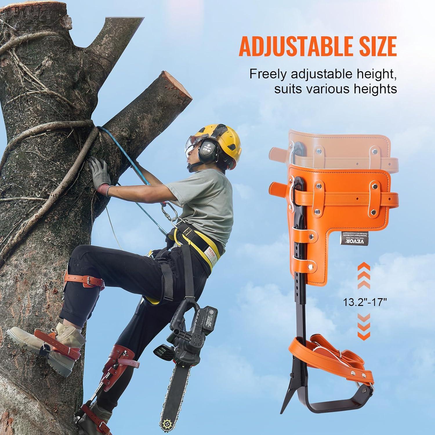 imageVEVOR Tree Climbing Spikes Set 1 Pair Alloy Steel Climbing Spurs with Safety Rope and Safety Harness 350lbs Load Capacity Tree Climbing Gear Arborist Equipment for Climbers Fruit Picking Orange