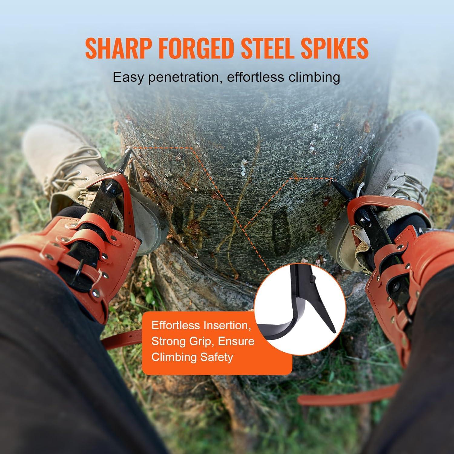 imageVEVOR Tree Climbing Spikes Set 1 Pair Alloy Steel Climbing Spurs with Safety Rope and Safety Harness 350lbs Load Capacity Tree Climbing Gear Arborist Equipment for Climbers Fruit Picking Orange