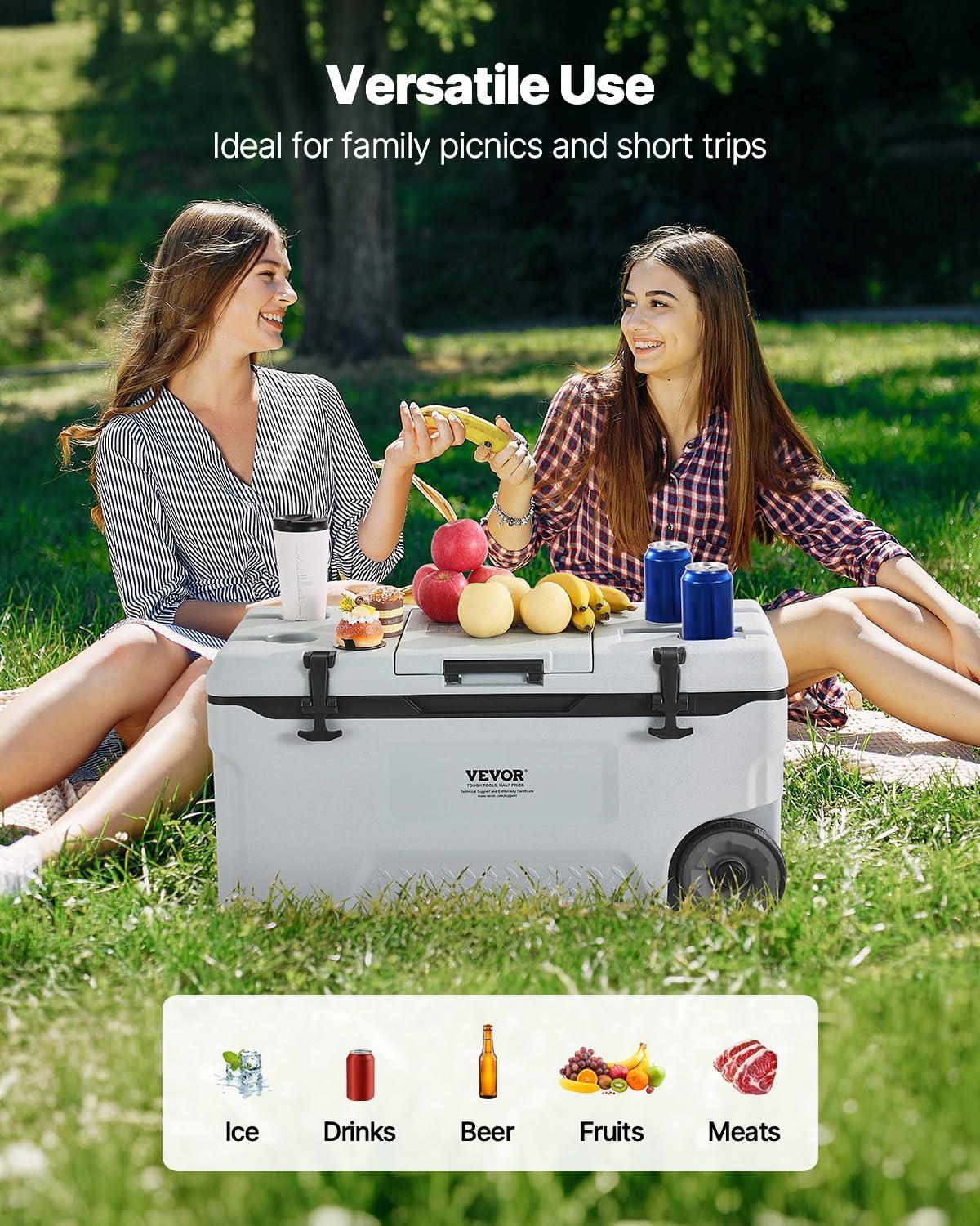 imageVEVOR UltraLight Hard Cooler Ice Retention Cooler with Heavy Duty Handle Ice Chest Lunch Box for Camping Travel Outdoor Keeps Cool for up to 6 Days 30 Lighter Than Rotomolded Coolers74QT with wheels