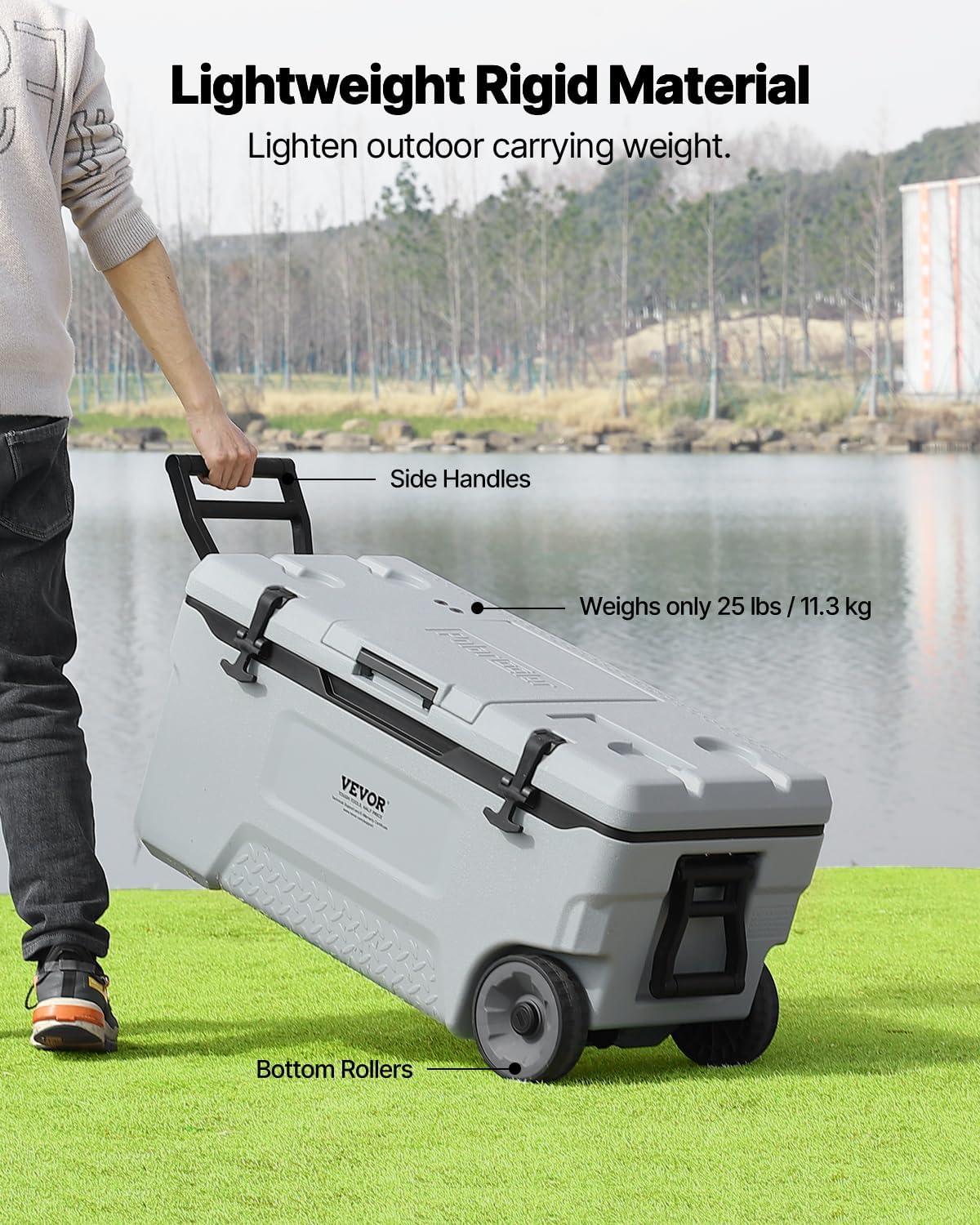 imageVEVOR UltraLight Hard Cooler Ice Retention Cooler with Heavy Duty Handle Ice Chest Lunch Box for Camping Travel Outdoor Keeps Cool for up to 6 Days 30 Lighter Than Rotomolded Coolers74QT with wheels