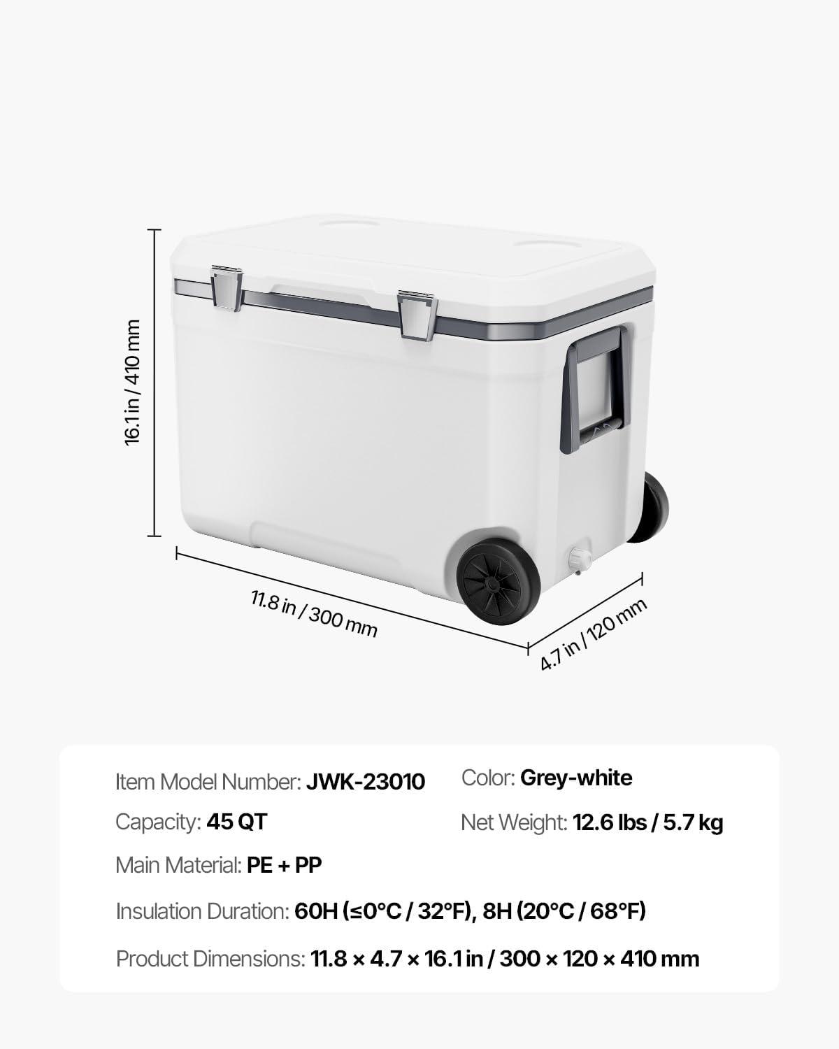 imageVEVOR UltraLight Hard Cooler Ice Retention Cooler with Heavy Duty Handle Ice Chest Lunch Box for Camping Travel Outdoor Keeps Cool for up to 6 Days 30 Lighter Than Rotomolded Coolers45QT with wheels
