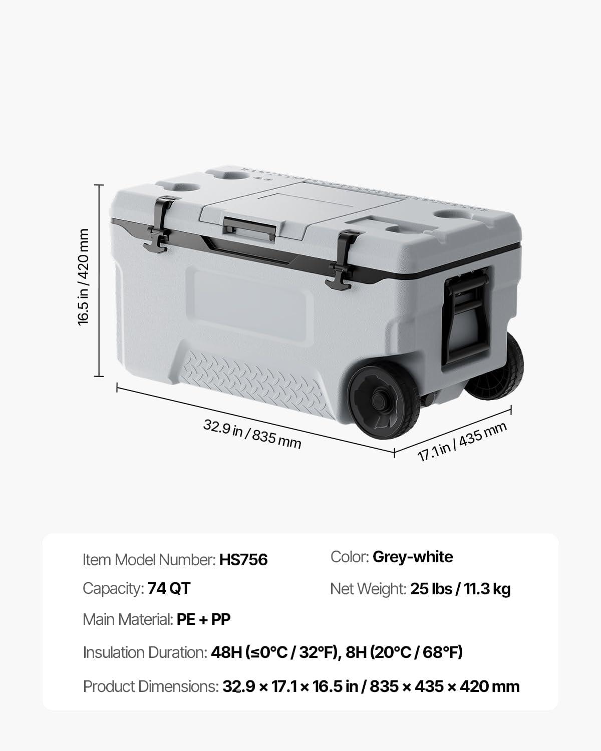 imageVEVOR UltraLight Hard Cooler Ice Retention Cooler with Heavy Duty Handle Ice Chest Lunch Box for Camping Travel Outdoor Keeps Cool for up to 6 Days 30 Lighter Than Rotomolded Coolers74QT with wheels