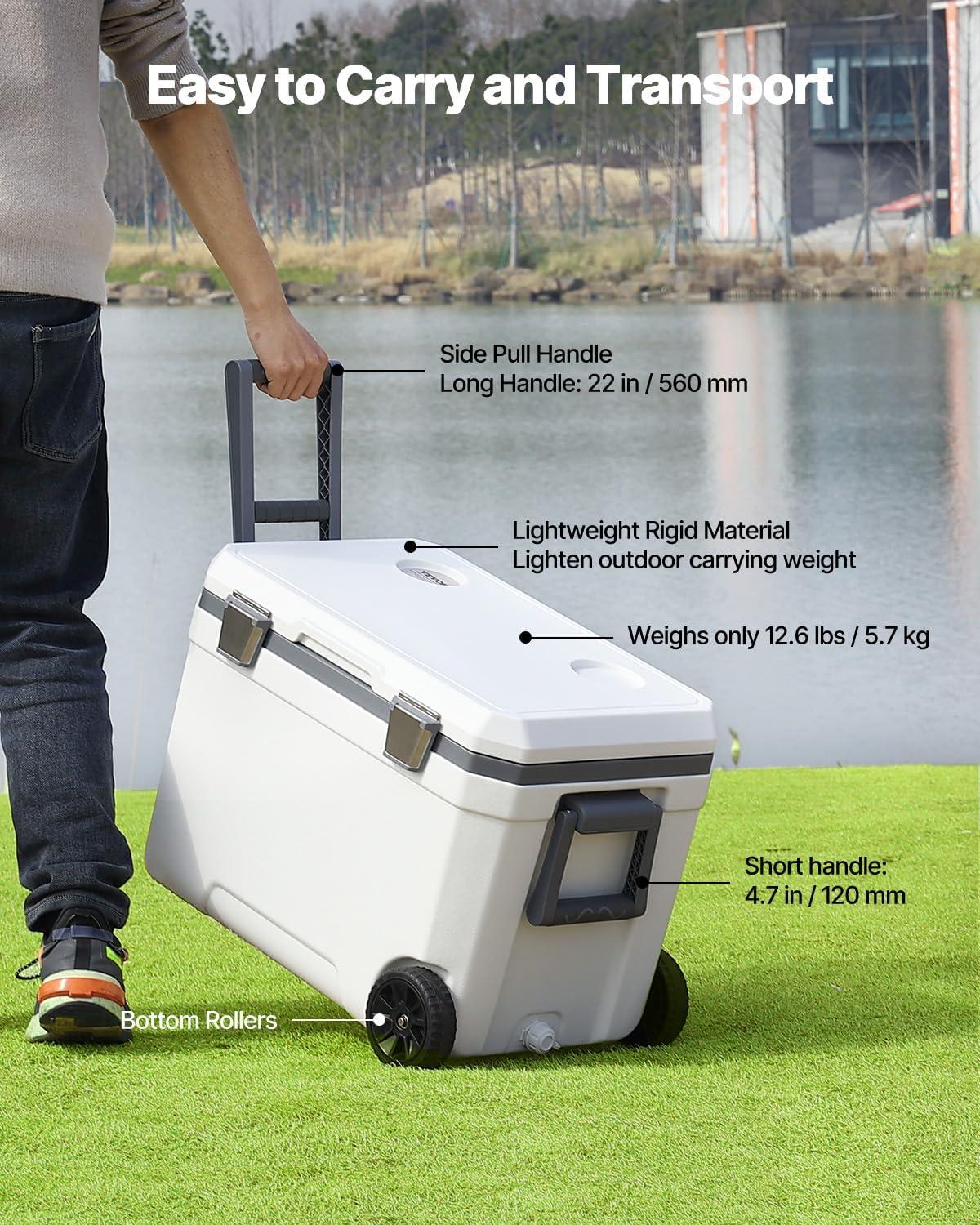 imageVEVOR UltraLight Hard Cooler Ice Retention Cooler with Heavy Duty Handle Ice Chest Lunch Box for Camping Travel Outdoor Keeps Cool for up to 6 Days 30 Lighter Than Rotomolded Coolers45QT with wheels
