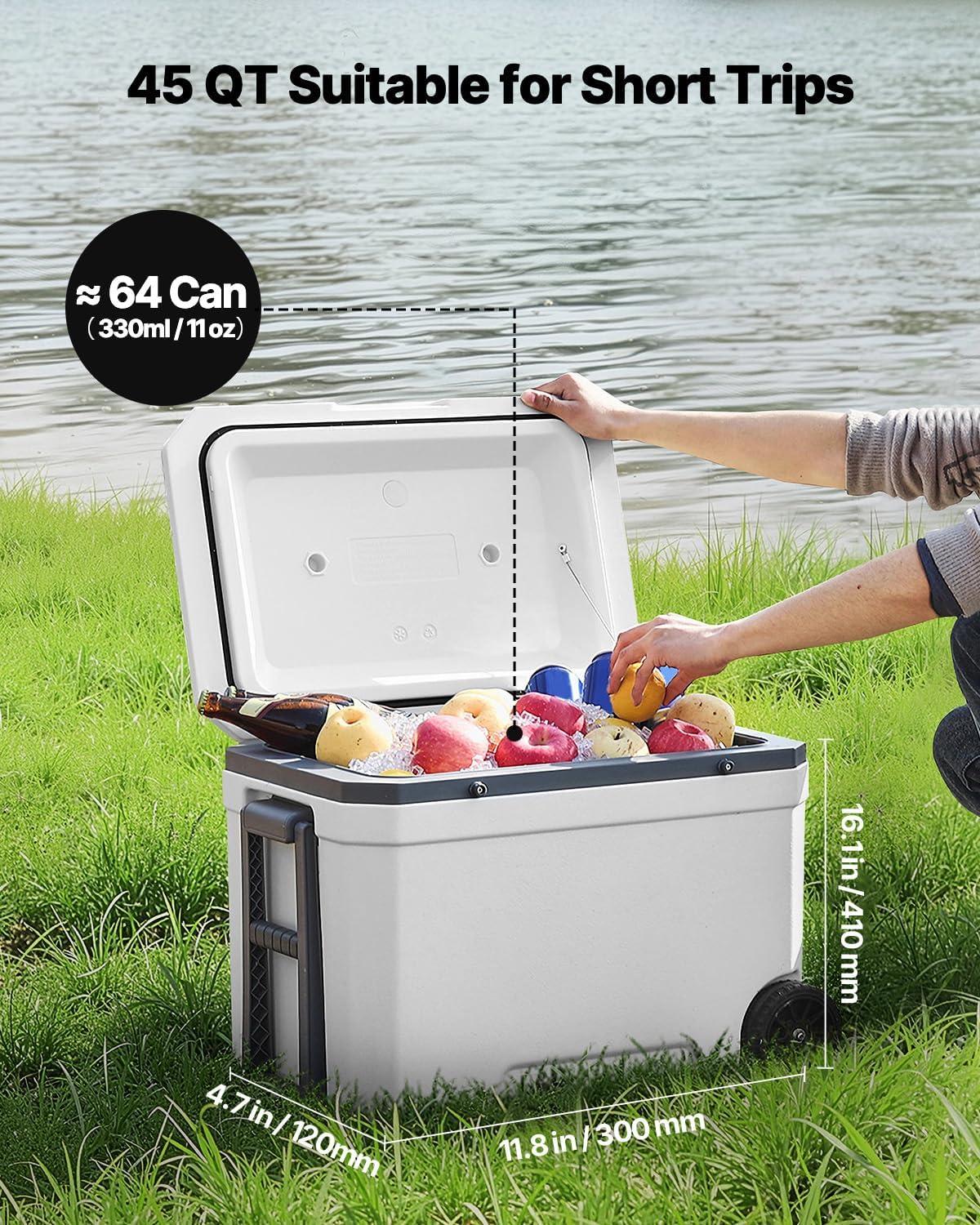 imageVEVOR UltraLight Hard Cooler Ice Retention Cooler with Heavy Duty Handle Ice Chest Lunch Box for Camping Travel Outdoor Keeps Cool for up to 6 Days 30 Lighter Than Rotomolded Coolers45QT with wheels