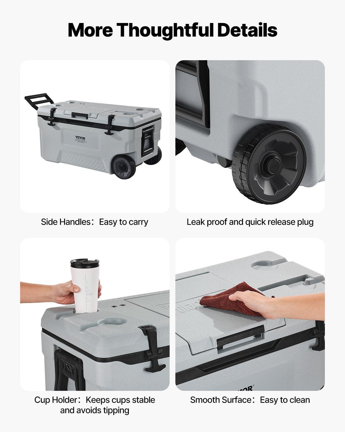imageVEVOR UltraLight Hard Cooler Ice Retention Cooler with Heavy Duty Handle Ice Chest Lunch Box for Camping Travel Outdoor Keeps Cool for up to 6 Days 30 Lighter Than Rotomolded Coolers74QT with wheels
