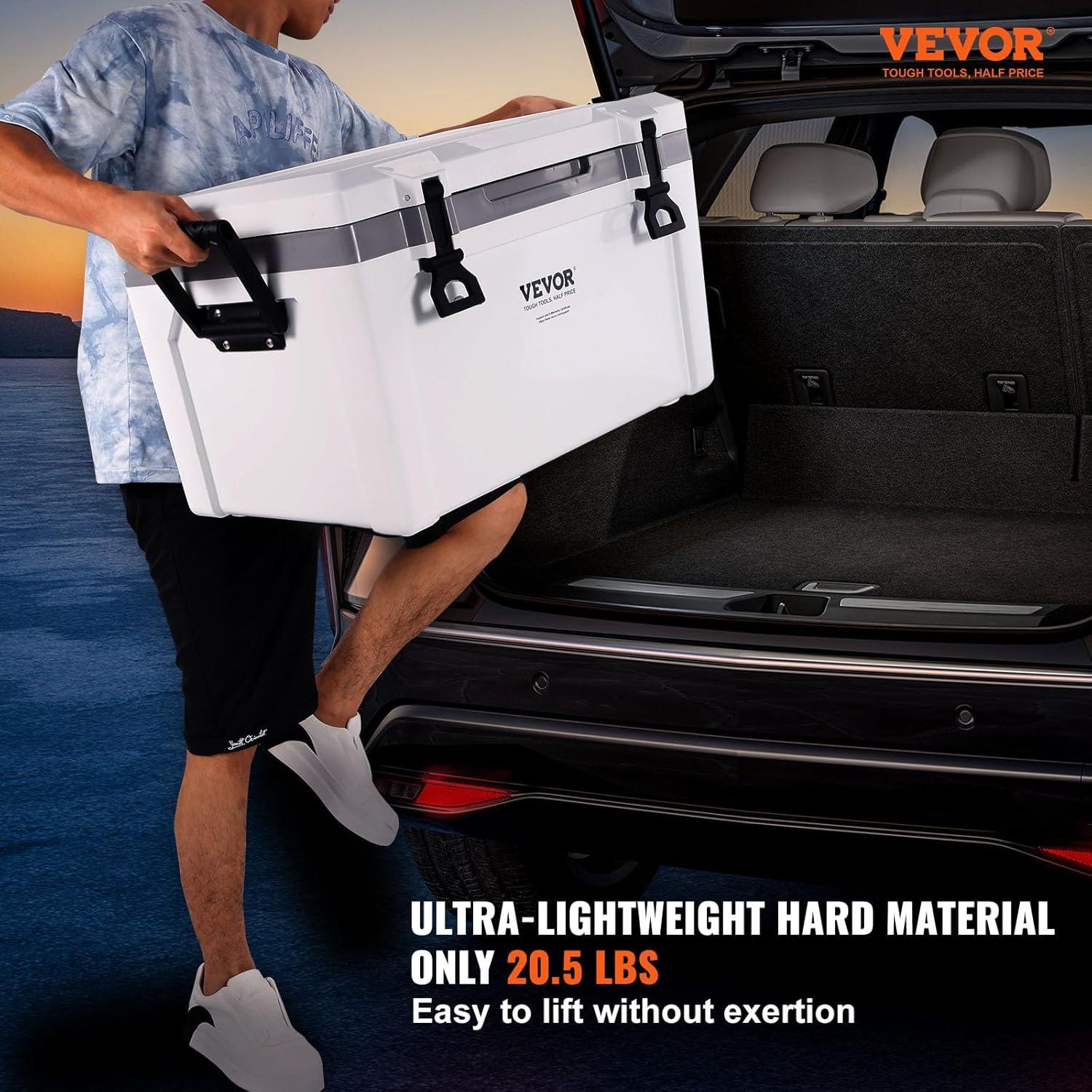 imageVEVOR UltraLight Hard Cooler Ice Retention Cooler with Heavy Duty Handle Ice Chest Lunch Box for Camping Travel Outdoor Keeps Cool for up to 6 Days 30 Lighter Than Rotomolded Coolers52 QT