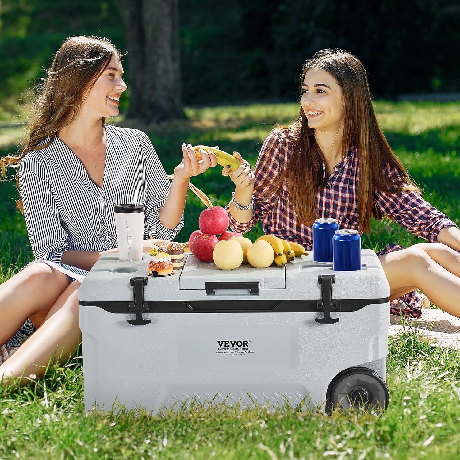 imageVEVOR UltraLight Hard Cooler Ice Retention Cooler with Heavy Duty Handle Ice Chest Lunch Box for Camping Travel Outdoor Keeps Cool for up to 6 Days 30 Lighter Than Rotomolded Coolers74QT with wheels