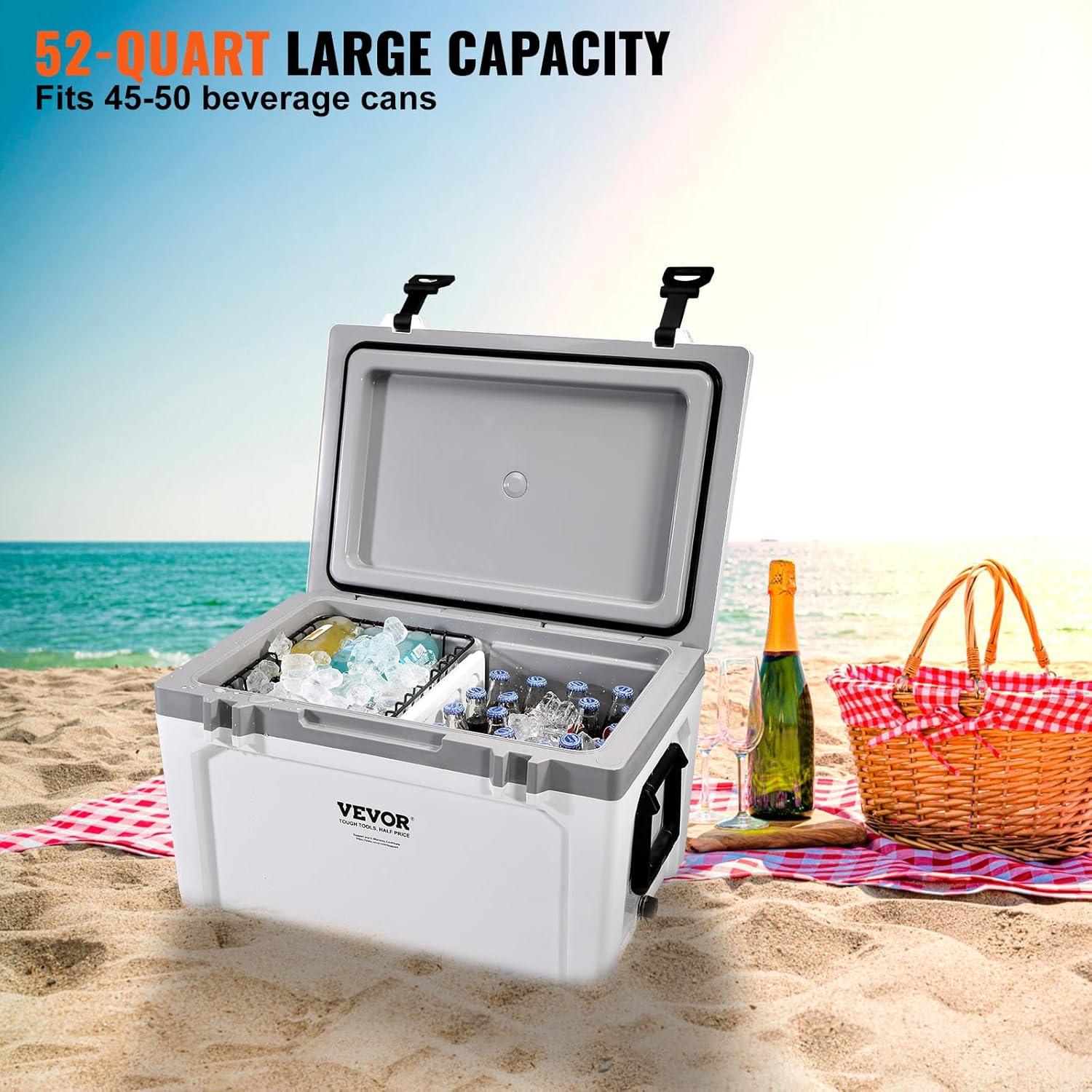 imageVEVOR UltraLight Hard Cooler Ice Retention Cooler with Heavy Duty Handle Ice Chest Lunch Box for Camping Travel Outdoor Keeps Cool for up to 6 Days 30 Lighter Than Rotomolded Coolers52 QT