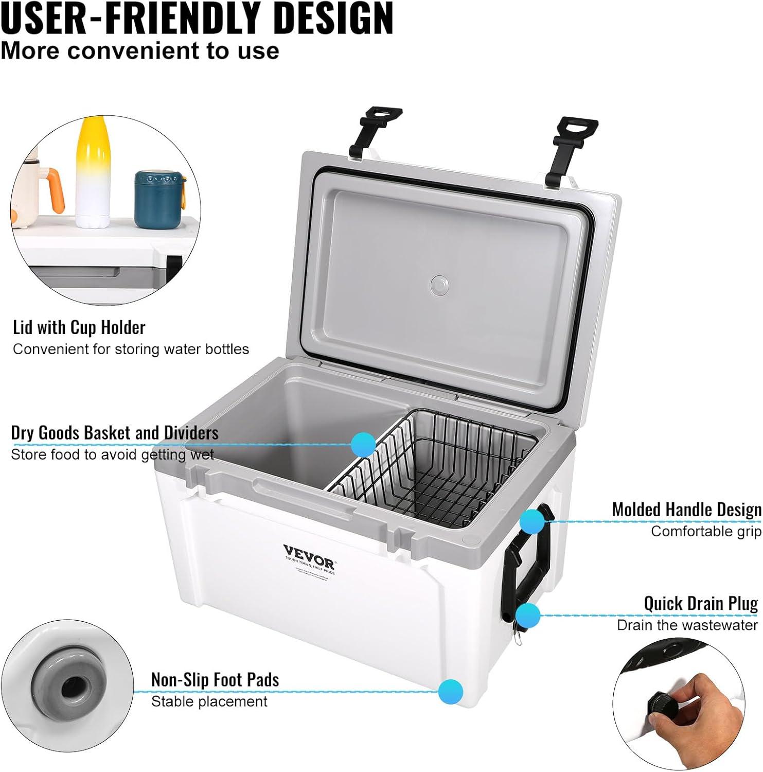 imageVEVOR UltraLight Hard Cooler Ice Retention Cooler with Heavy Duty Handle Ice Chest Lunch Box for Camping Travel Outdoor Keeps Cool for up to 6 Days 30 Lighter Than Rotomolded Coolers52 QT
