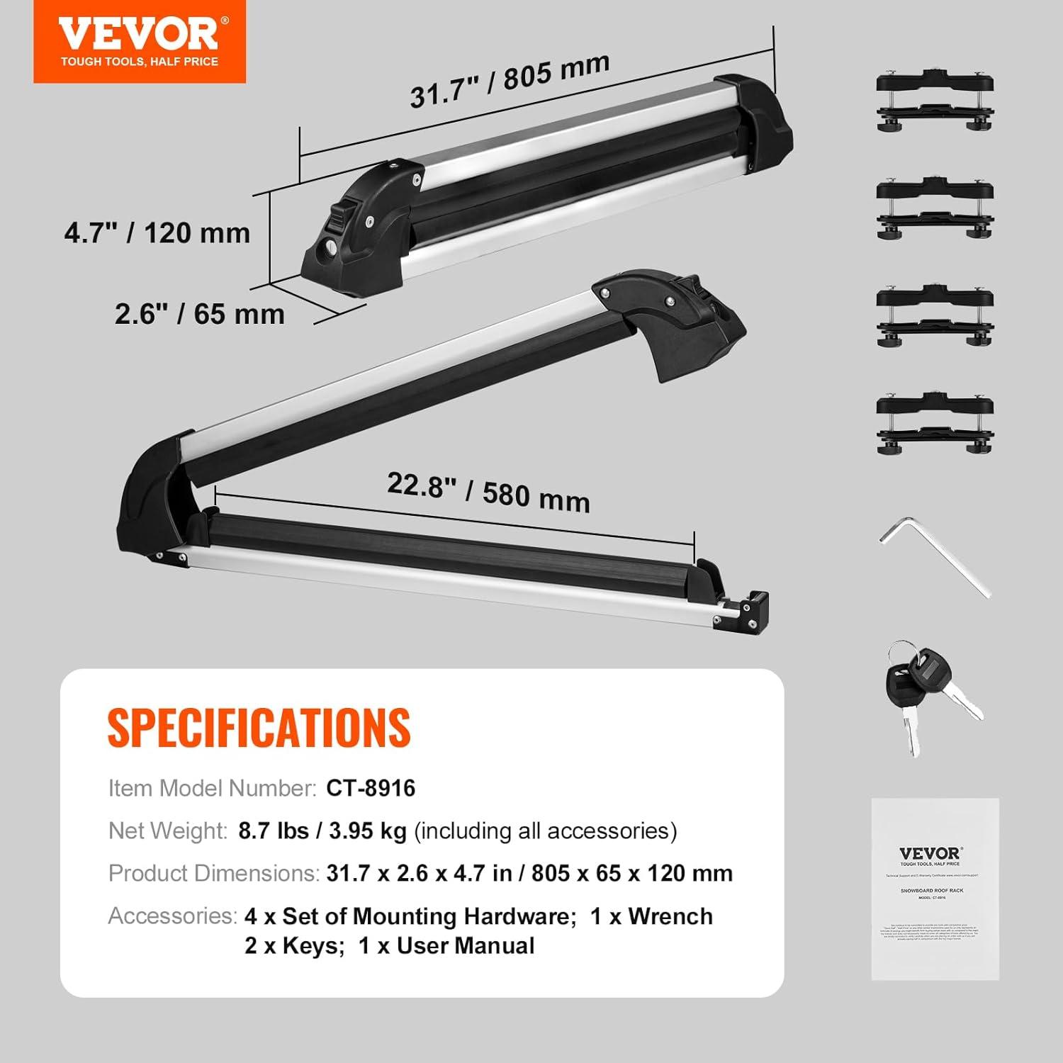imageVEVOR Universal Car Roof Rack  Fit Most Crossbars Carry up to 6 Pairs of Skis or 4 Snowboards Aluminum Snowboard Ski Rack with Lock ampamp Rubber Padding