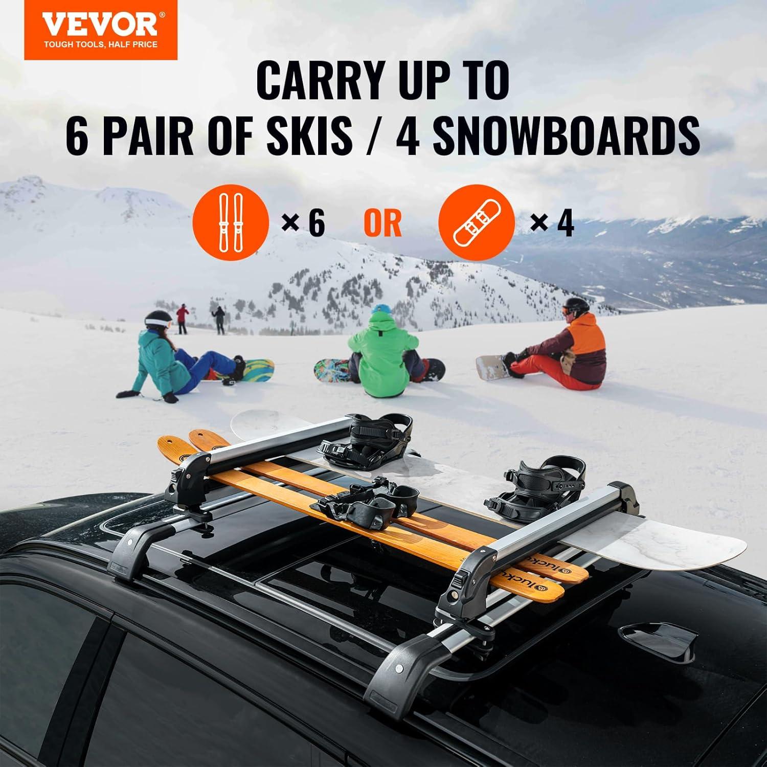 imageVEVOR Universal Car Roof Rack  Fit Most Crossbars Carry up to 6 Pairs of Skis or 4 Snowboards Aluminum Snowboard Ski Rack with Lock ampamp Rubber Padding