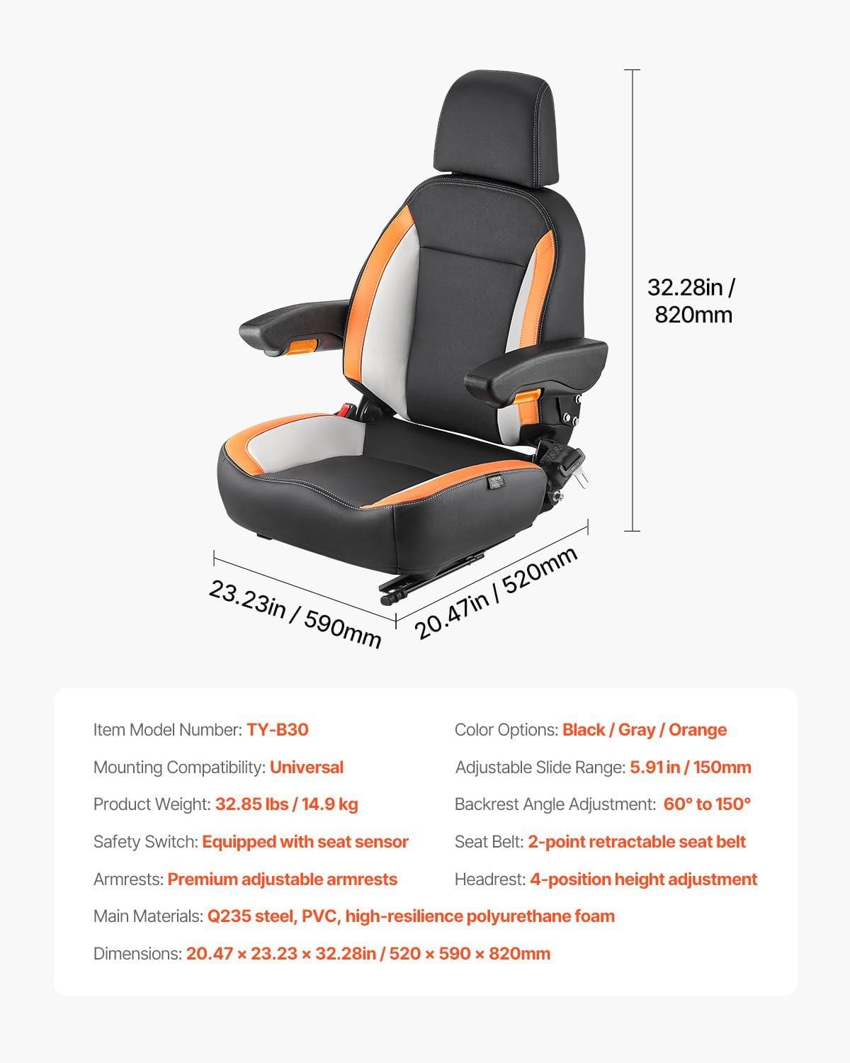 imageVEVOR Universal Forklift Seat Tractor Seat with Adjustable Back Armrest Headrest ampamp Safety Belt Secure Tractor Seat with Micro Switch Ergonomic Lawnmower Seat for Skid Loader Bulldozer