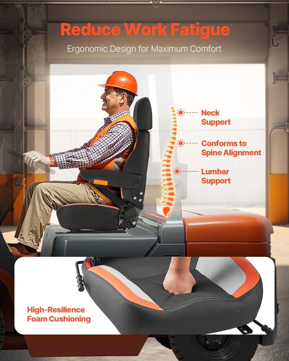 imageVEVOR Universal Forklift Seat Tractor Seat with Adjustable Back Armrest Headrest ampamp Safety Belt Secure Tractor Seat with Micro Switch Ergonomic Lawnmower Seat for Skid Loader Bulldozer