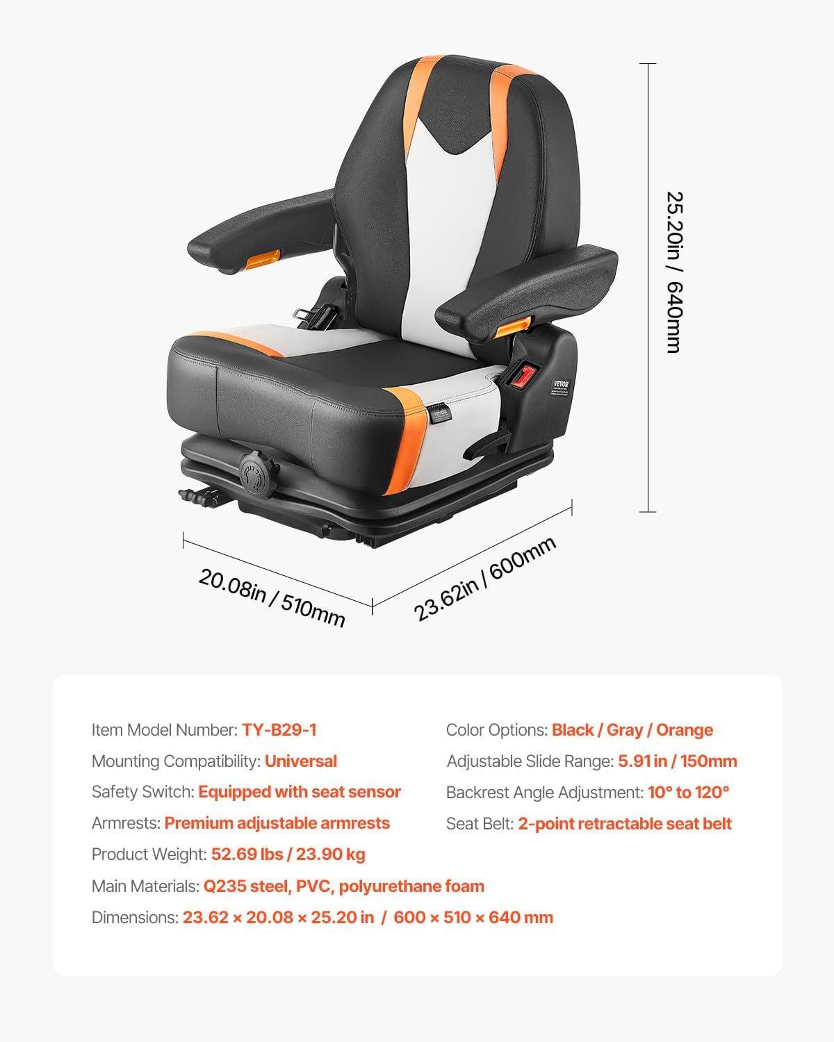 imageVEVOR Universal Forklift Seat Tractor Suspension Seat with Adjustable Back Armrest ampamp Safety Belt Secure Fold Down Tractor Seat with Micro Switch Lawnmower Seat for Skid Loader Bulldozer