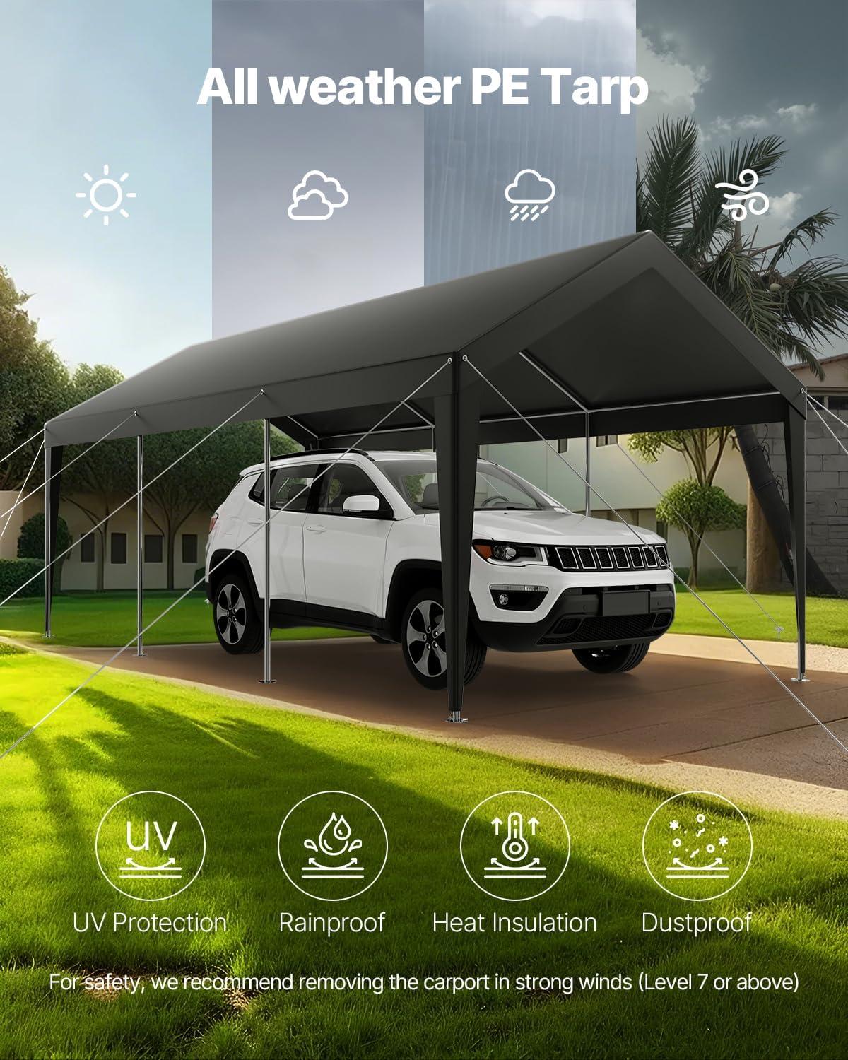 imageVEVOR Upgraded 10x20 FT Heavy Duty Carport Canopy with Rollup Windows AllSeason Portable Garage with Removable Sidewalls ampamp Doors 12 Stakes ampamp 12 Ropes Car Tent for Car Truck Boat EquipmentPE Carport  Gray