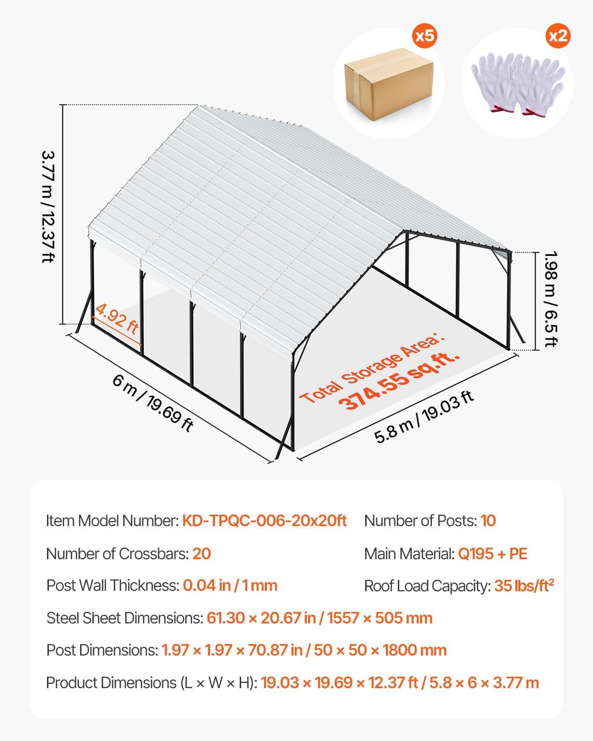 imageVEVOR Upgraded 10x20 FT Heavy Duty Carport Canopy with Rollup Windows AllSeason Portable Garage with Removable Sidewalls ampamp Doors 12 Stakes ampamp 12 Ropes Car Tent for Car Truck Boat EquipmentMetal Carport  White