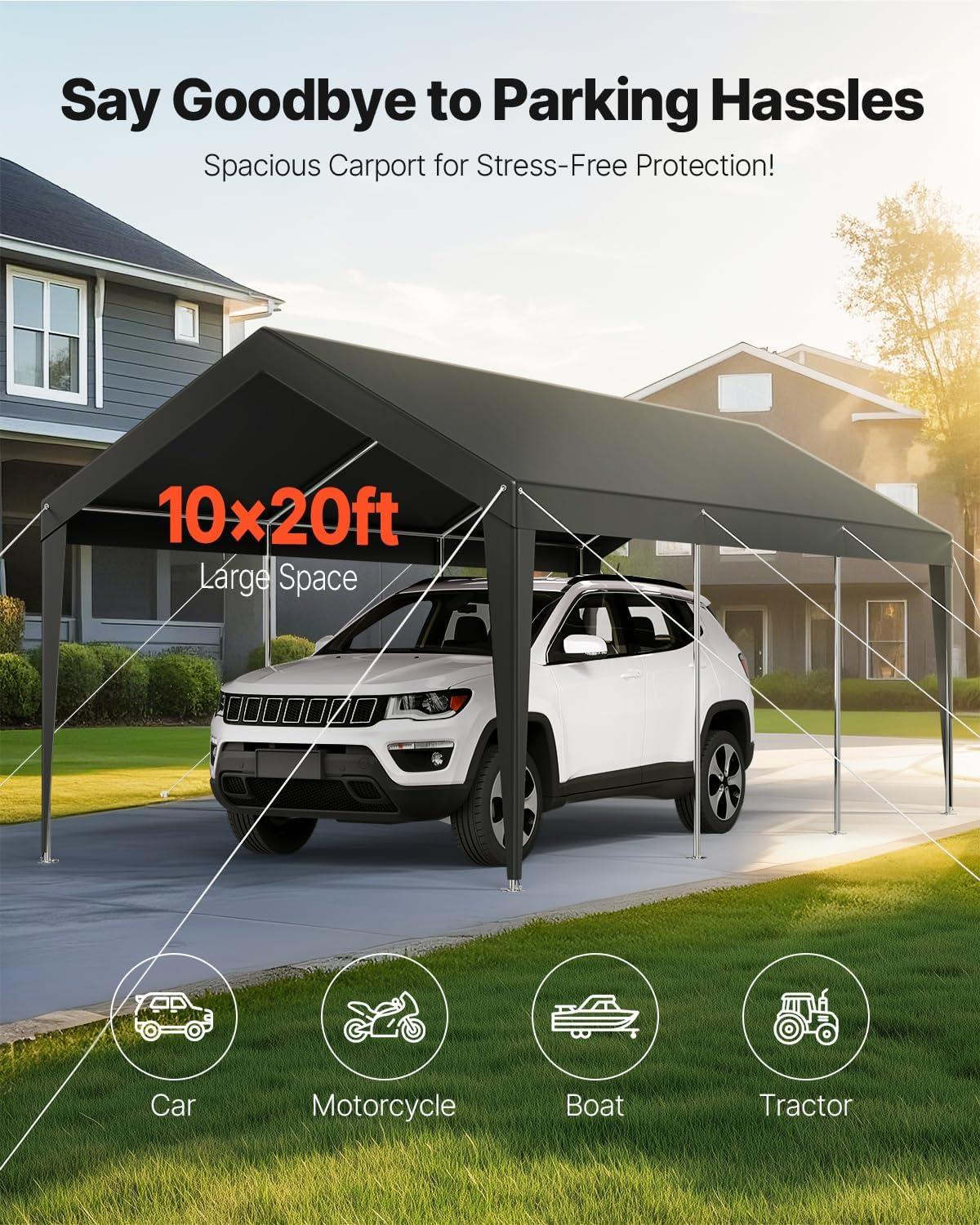 imageVEVOR Upgraded 10x20 FT Heavy Duty Carport Canopy with Rollup Windows AllSeason Portable Garage with Removable Sidewalls ampamp Doors 12 Stakes ampamp 12 Ropes Car Tent for Car Truck Boat EquipmentPE Carport  Gray