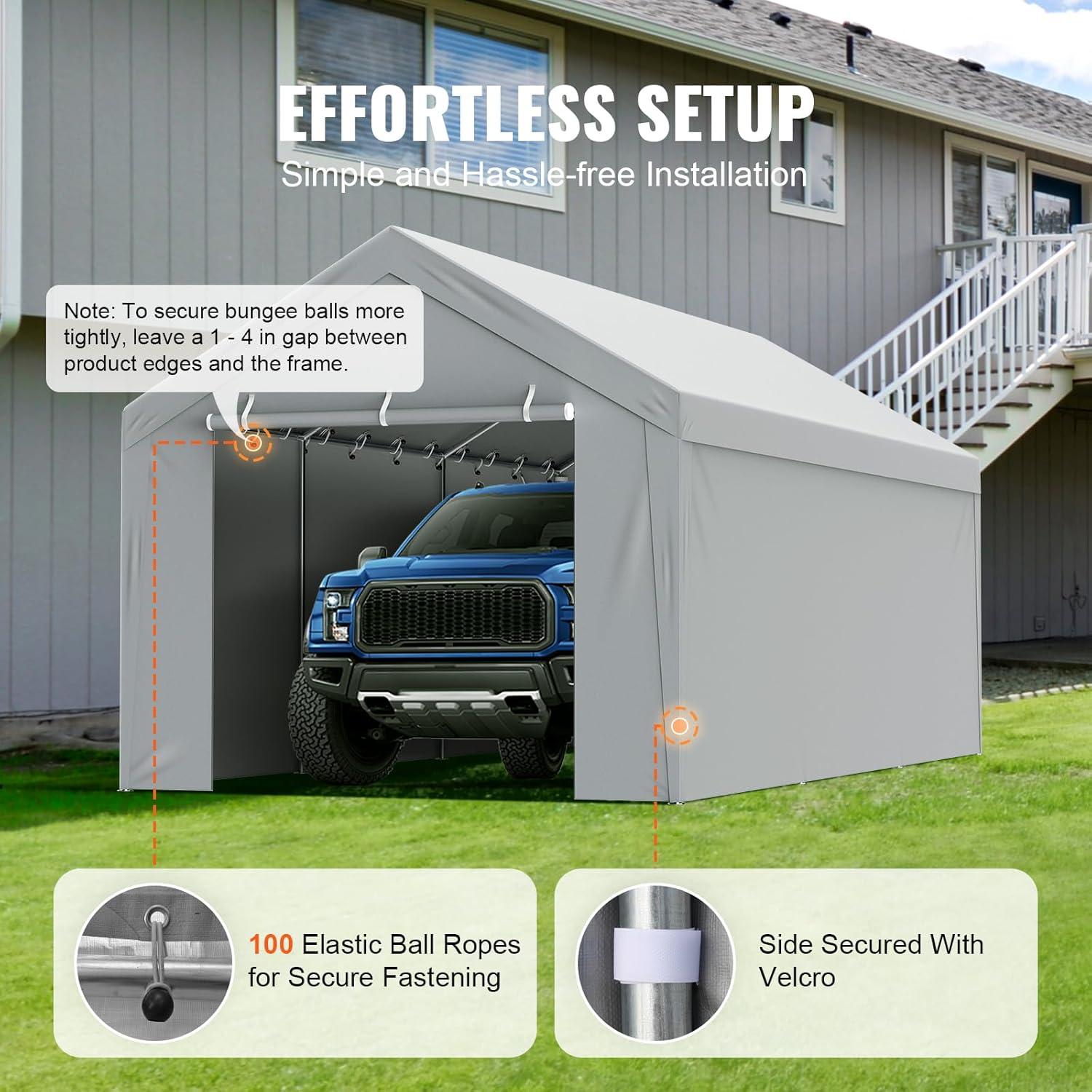 imageVEVOR Upgraded 10x20 FT Heavy Duty Carport Canopy with Rollup Windows AllSeason Portable Garage with Removable Sidewalls ampamp Doors 12 Stakes ampamp 12 Ropes Car Tent for Car Truck Boat EquipmentTop Cover Sidewall  Gray