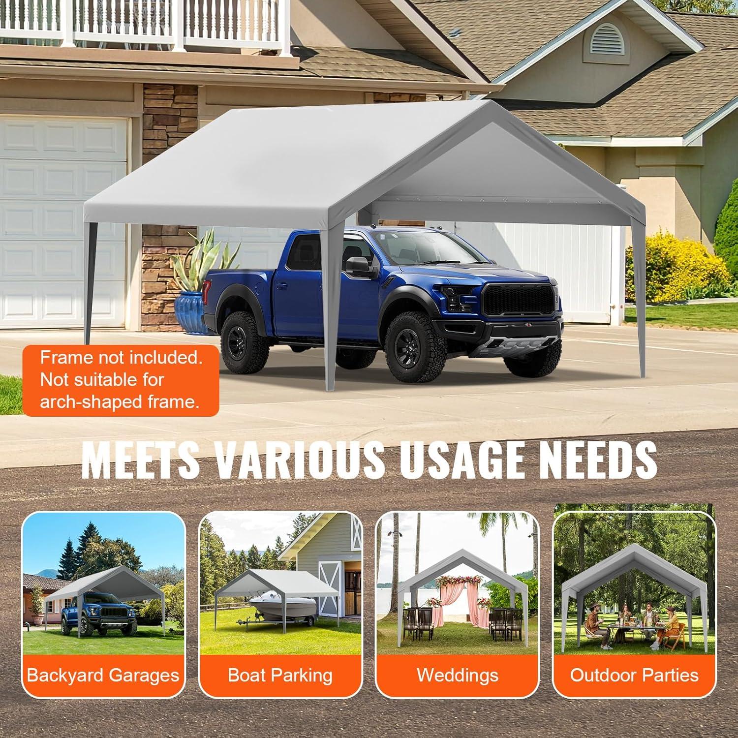 imageVEVOR Upgraded 10x20 FT Heavy Duty Carport Canopy with Rollup Windows AllSeason Portable Garage with Removable Sidewalls ampamp Doors 12 Stakes ampamp 12 Ropes Car Tent for Car Truck Boat EquipmentTop Cover  Gray