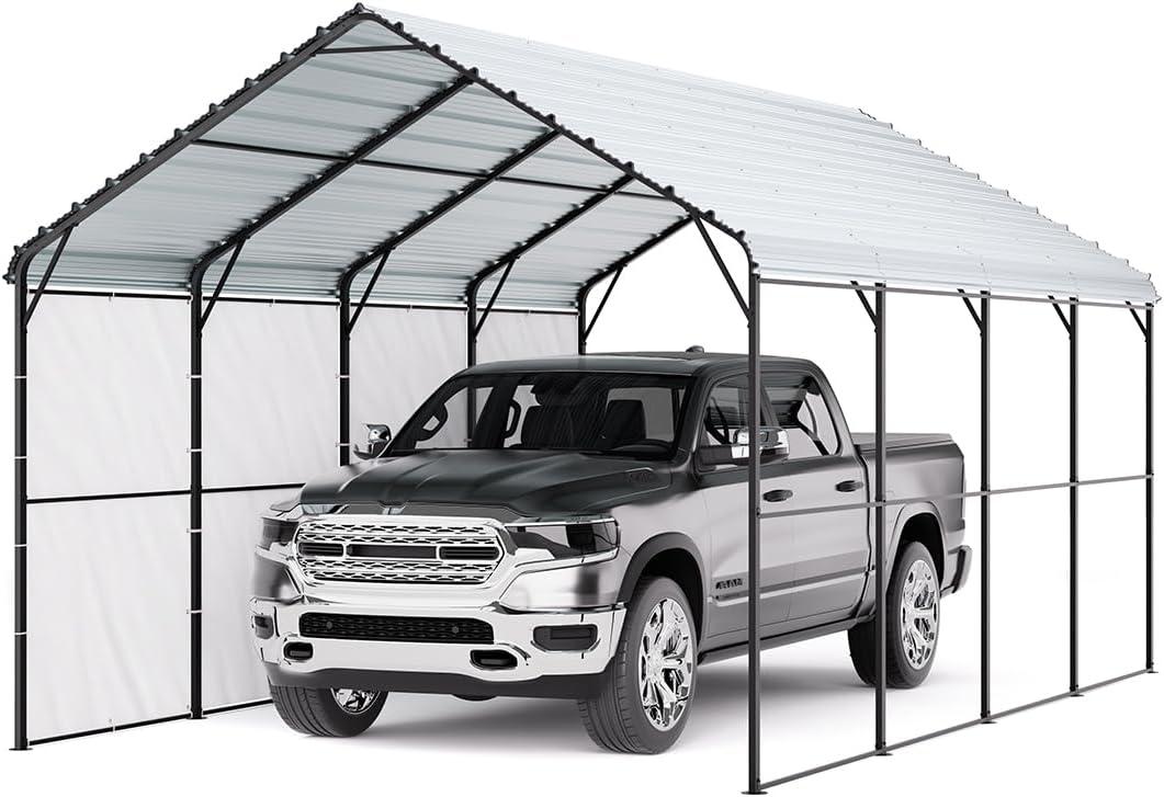 imageVEVOR Upgraded 10x20 FT Heavy Duty Carport Canopy with Rollup Windows AllSeason Portable Garage with Removable Sidewalls ampamp Doors 12 Stakes ampamp 12 Ropes Car Tent for Car Truck Boat EquipmentMetal Carport  White