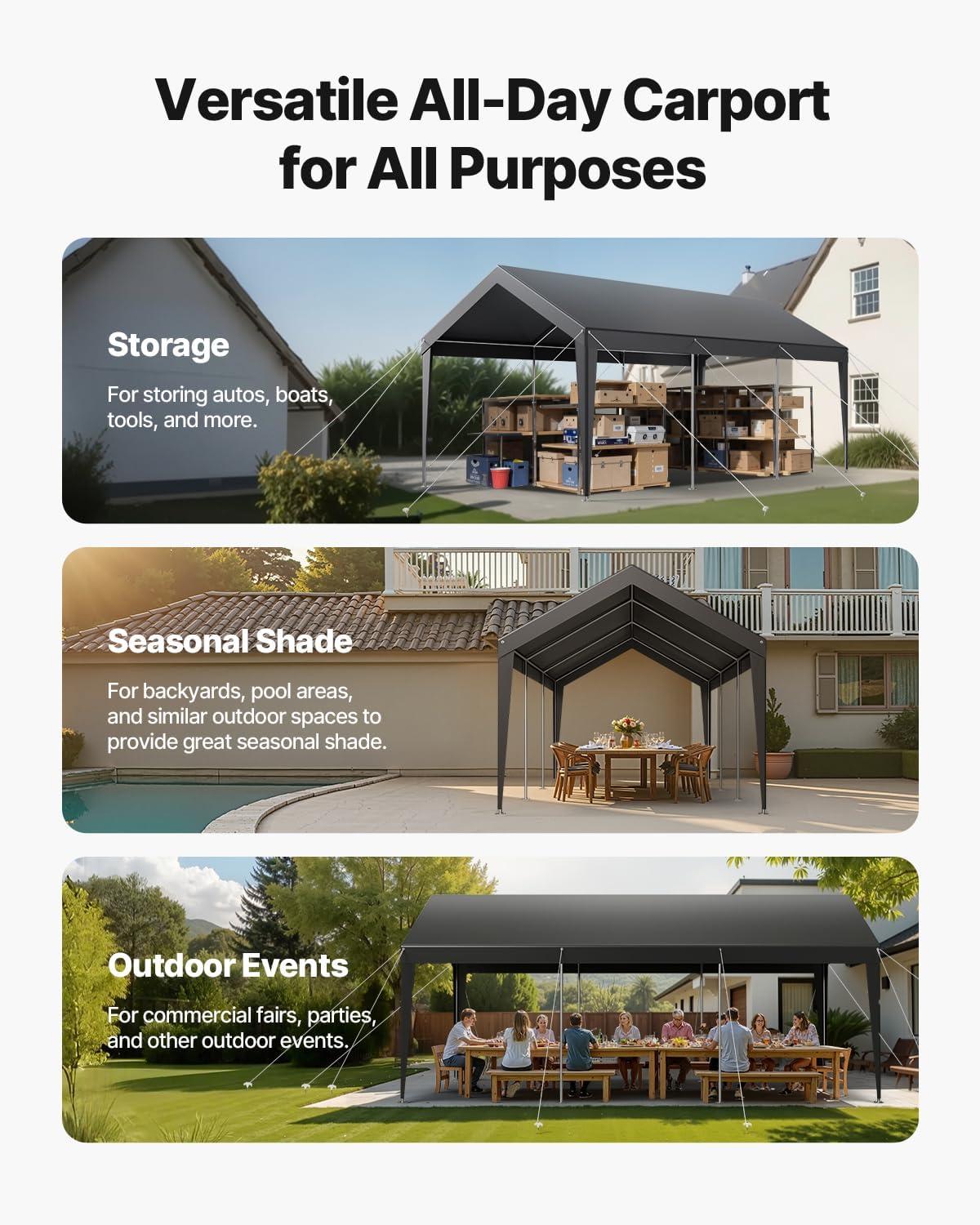 imageVEVOR Upgraded 10x20 FT Heavy Duty Carport Canopy with Rollup Windows AllSeason Portable Garage with Removable Sidewalls ampamp Doors 12 Stakes ampamp 12 Ropes Car Tent for Car Truck Boat EquipmentPE Carport  Gray