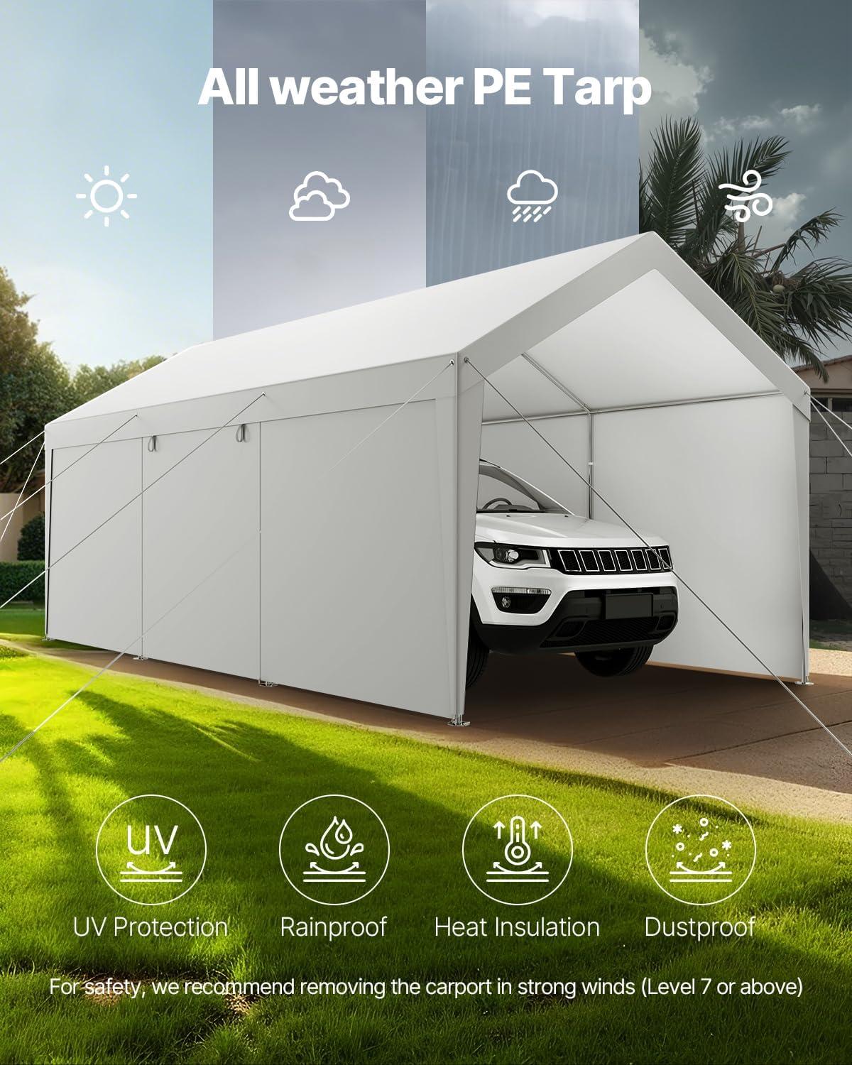 imageVEVOR Upgraded 10x20 FT Heavy Duty Carport Canopy with Rollup Windows AllSeason Portable Garage with Removable Sidewalls ampamp Doors 12 Stakes ampamp 12 Ropes Car Tent for Car Truck Boat EquipmentPE Carport with Sidewall  White
