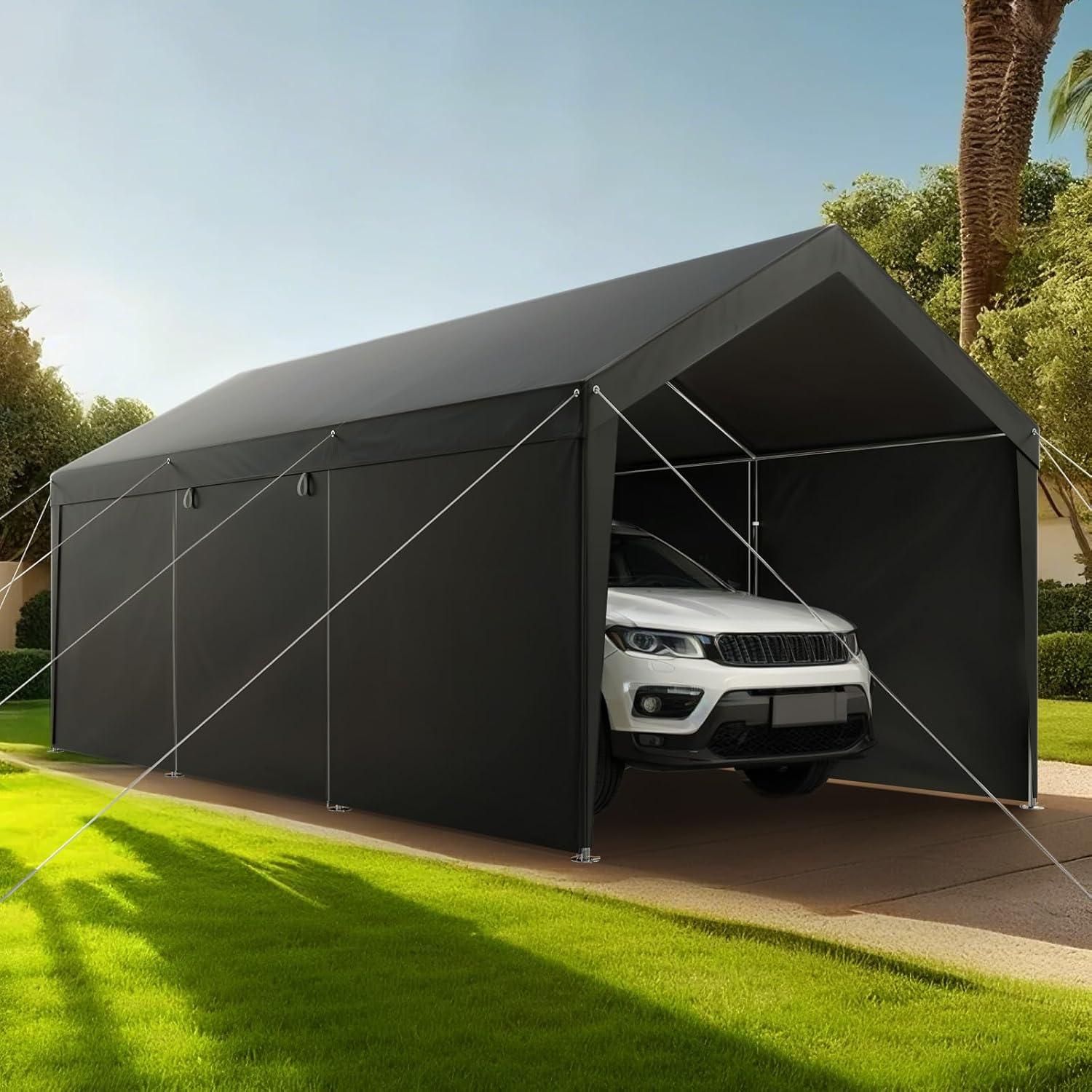 imageVEVOR Upgraded 10x20 FT Heavy Duty Carport Canopy with Rollup Windows AllSeason Portable Garage with Removable Sidewalls ampamp Doors 12 Stakes ampamp 12 Ropes Car Tent for Car Truck Boat EquipmentPE Carport with Sidewall  Gray