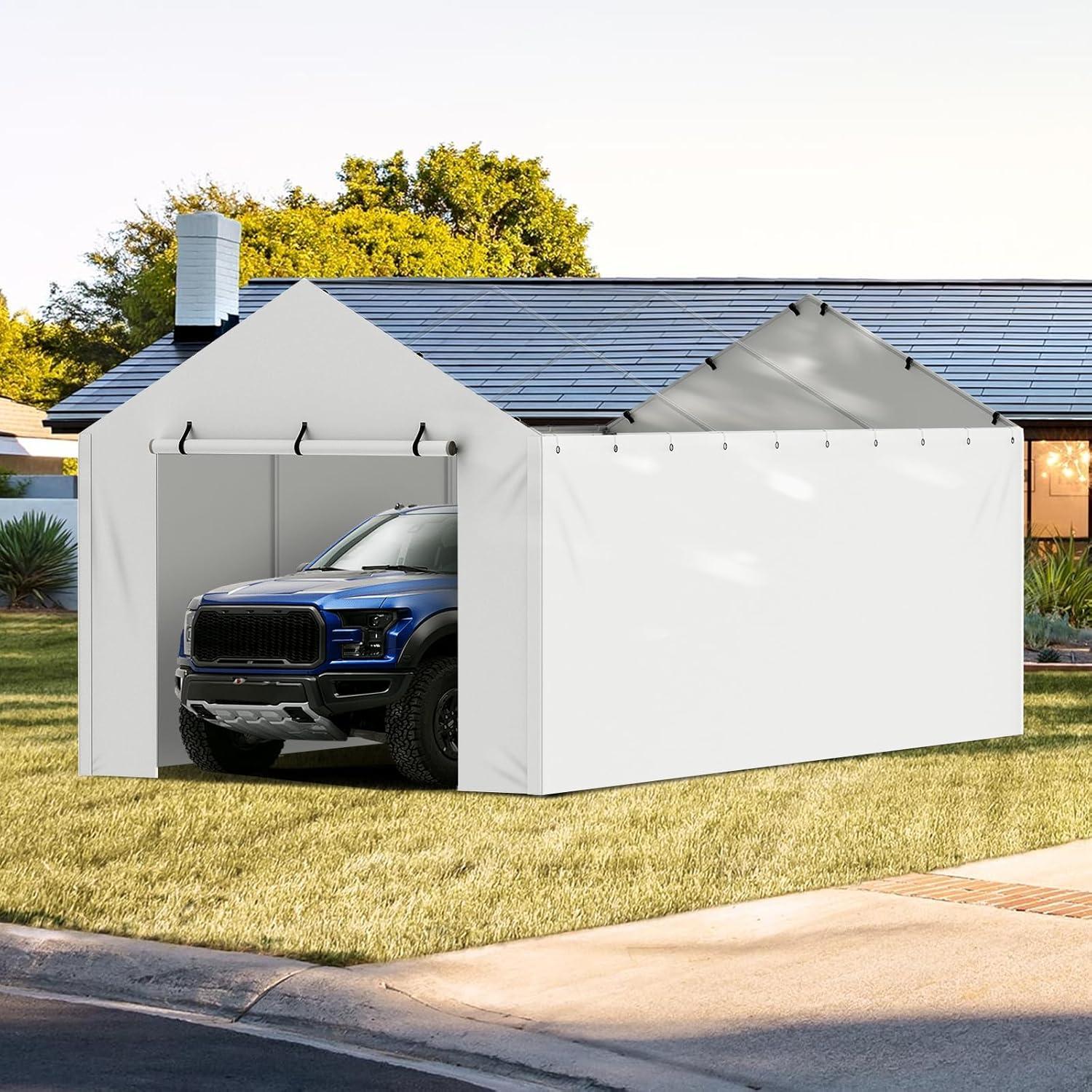 imageVEVOR Upgraded 10x20 FT Heavy Duty Carport Canopy with Rollup Windows AllSeason Portable Garage with Removable Sidewalls ampamp Doors 12 Stakes ampamp 12 Ropes Car Tent for Car Truck Boat EquipmentSidewall  White