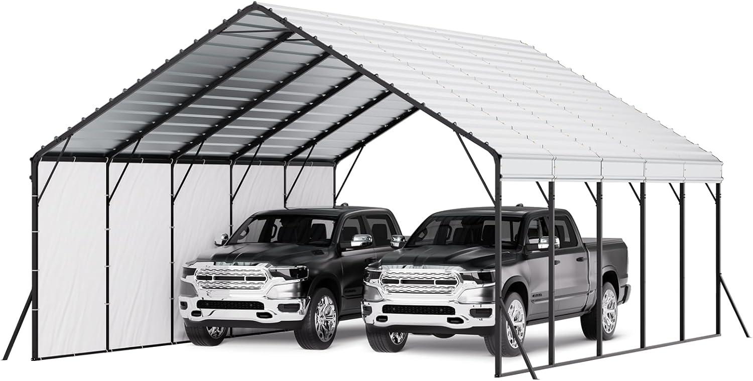 imageVEVOR Upgraded 10x20 FT Heavy Duty Carport Canopy with Rollup Windows AllSeason Portable Garage with Removable Sidewalls ampamp Doors 12 Stakes ampamp 12 Ropes Car Tent for Car Truck Boat EquipmentMetal Carport  White