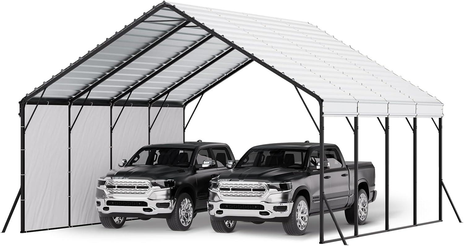 imageVEVOR Upgraded 10x20 FT Heavy Duty Carport Canopy with Rollup Windows AllSeason Portable Garage with Removable Sidewalls ampamp Doors 12 Stakes ampamp 12 Ropes Car Tent for Car Truck Boat EquipmentMetal Carport  White