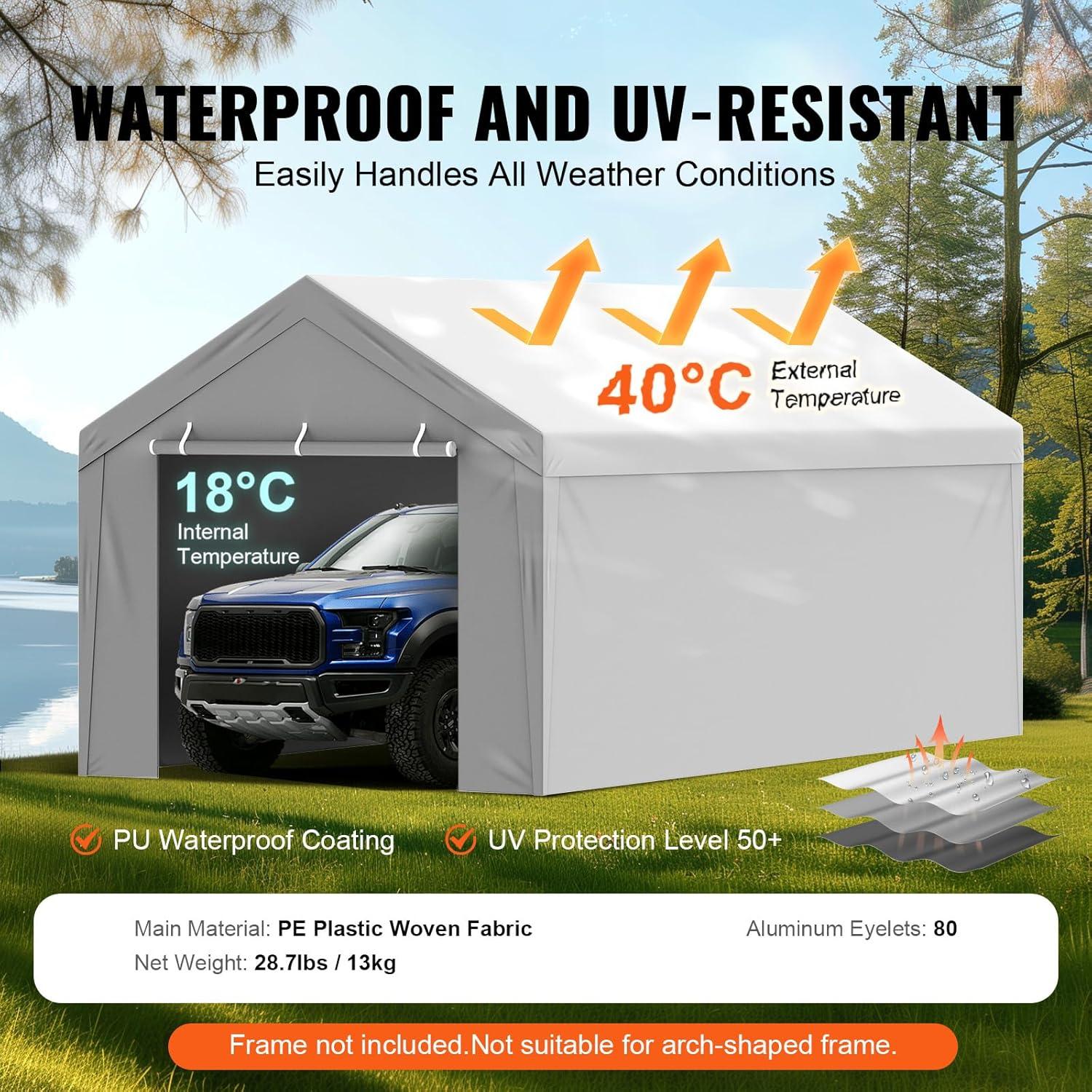 imageVEVOR Upgraded 10x20 FT Heavy Duty Carport Canopy with Rollup Windows AllSeason Portable Garage with Removable Sidewalls ampamp Doors 12 Stakes ampamp 12 Ropes Car Tent for Car Truck Boat EquipmentTop Cover Sidewall  Gray