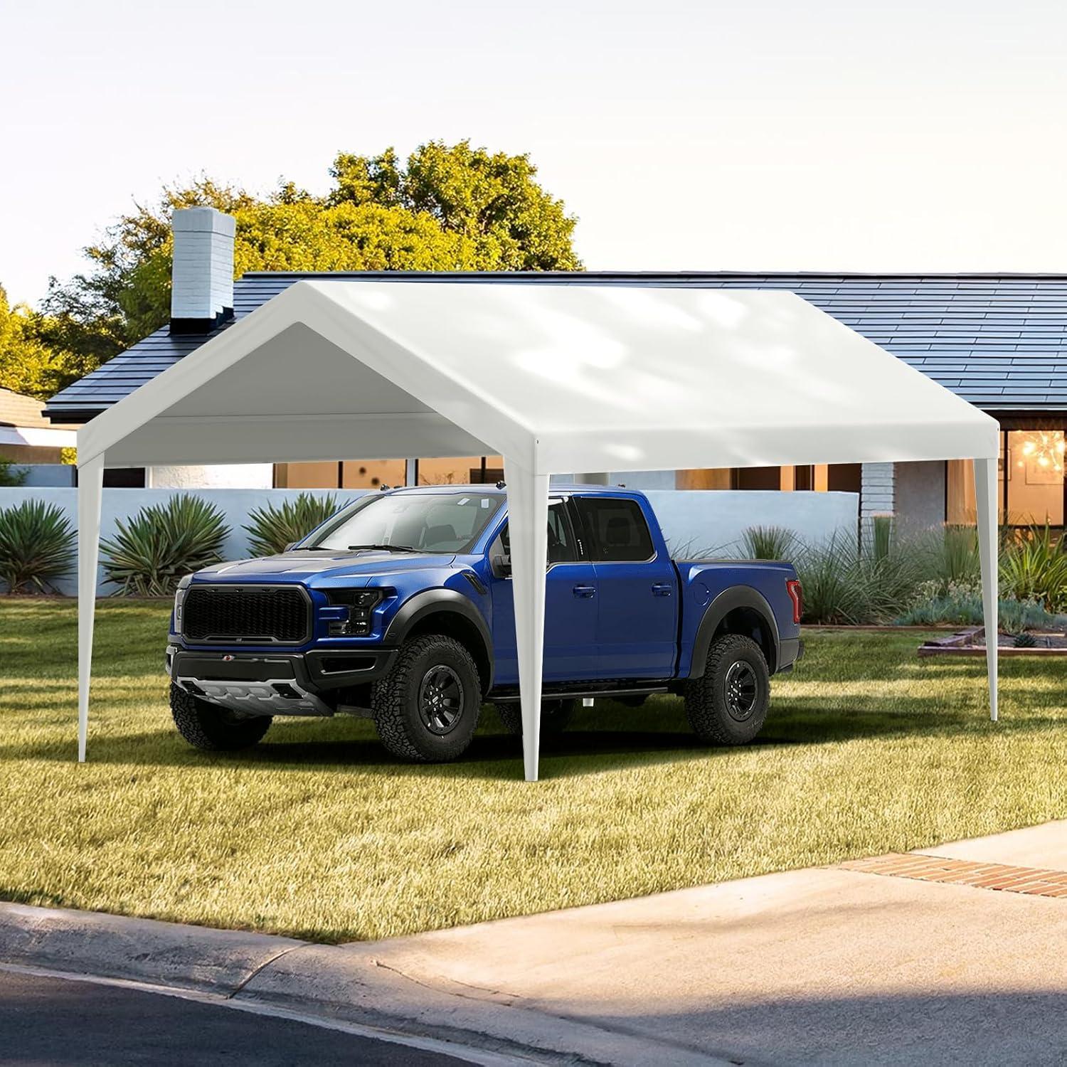 imageVEVOR Upgraded 10x20 FT Heavy Duty Carport Canopy with Rollup Windows AllSeason Portable Garage with Removable Sidewalls ampamp Doors 12 Stakes ampamp 12 Ropes Car Tent for Car Truck Boat EquipmentTop Cover  White