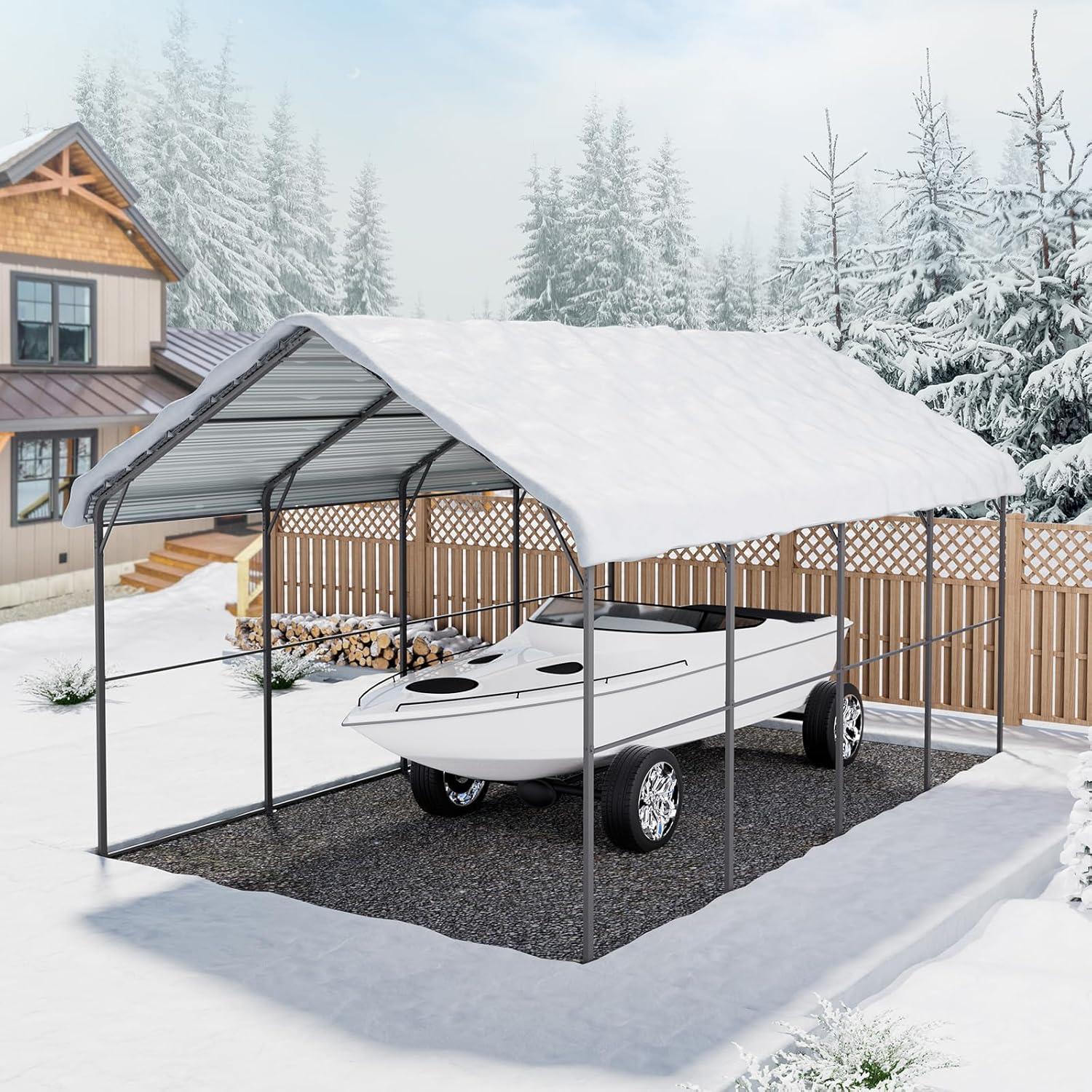imageVEVOR Upgraded 10x20 FT Heavy Duty Carport Canopy with Rollup Windows AllSeason Portable Garage with Removable Sidewalls ampamp Doors 12 Stakes ampamp 12 Ropes Car Tent for Car Truck Boat EquipmentMetal Carport  White