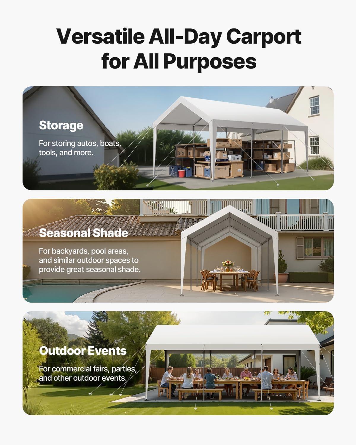 imageVEVOR Upgraded 10x20 FT Heavy Duty Carport Canopy with Rollup Windows AllSeason Portable Garage with Removable Sidewalls ampamp Doors 12 Stakes ampamp 12 Ropes Car Tent for Car Truck Boat EquipmentPE Carport  White