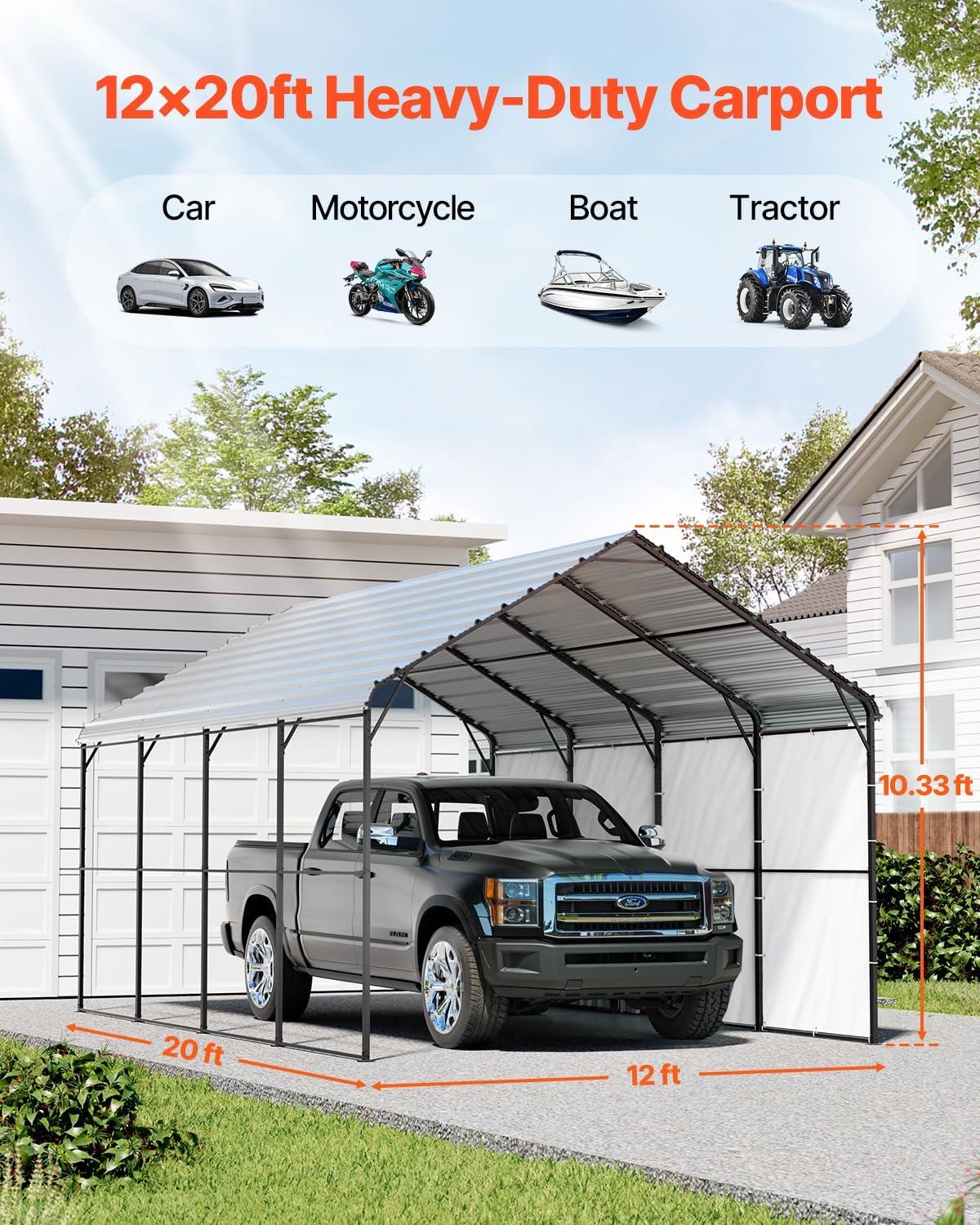 imageVEVOR Upgraded 10x20 FT Heavy Duty Carport Canopy with Rollup Windows AllSeason Portable Garage with Removable Sidewalls ampamp Doors 12 Stakes ampamp 12 Ropes Car Tent for Car Truck Boat EquipmentMetal Carport  White