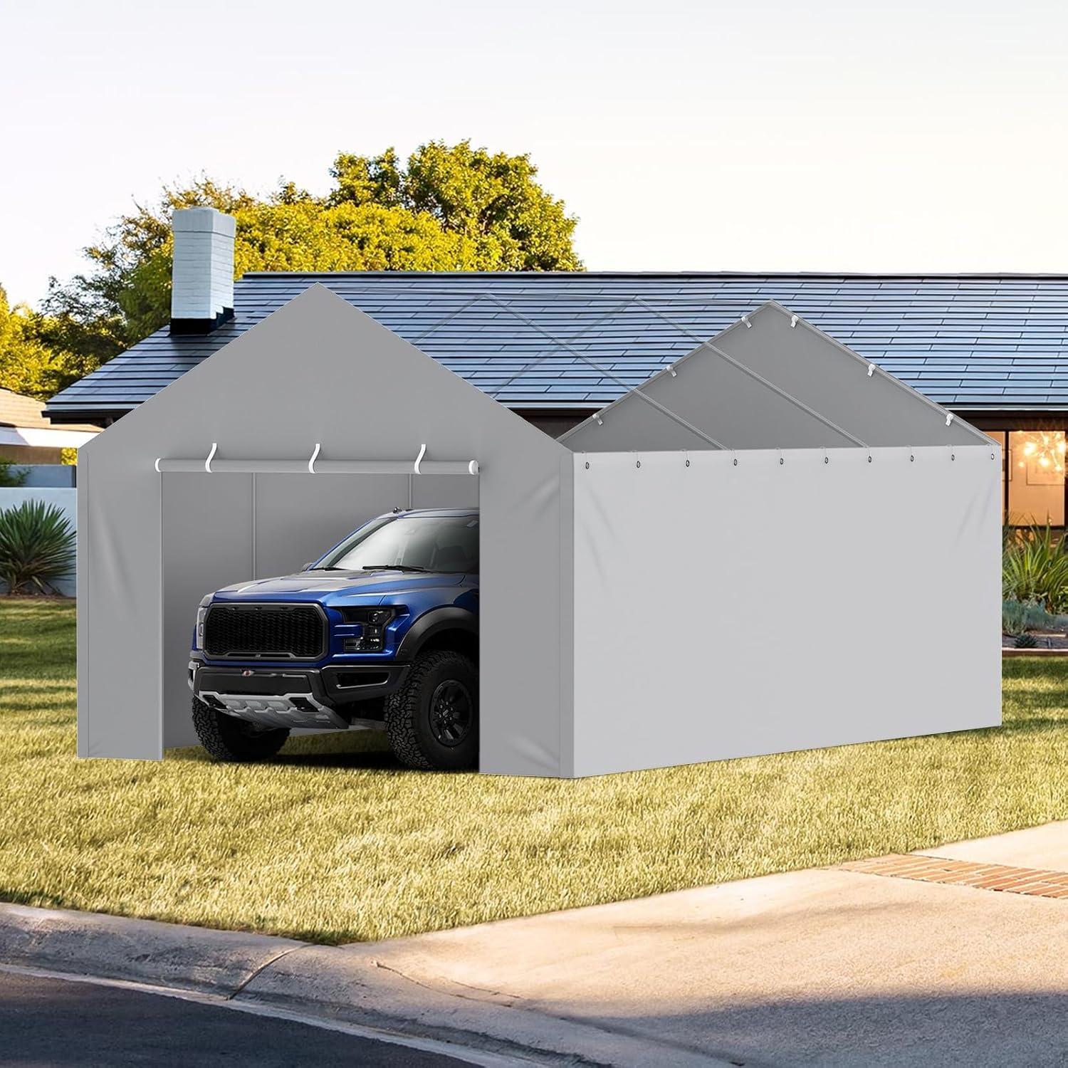 imageVEVOR Upgraded 10x20 FT Heavy Duty Carport Canopy with Rollup Windows AllSeason Portable Garage with Removable Sidewalls ampamp Doors 12 Stakes ampamp 12 Ropes Car Tent for Car Truck Boat EquipmentSidewall  Gray