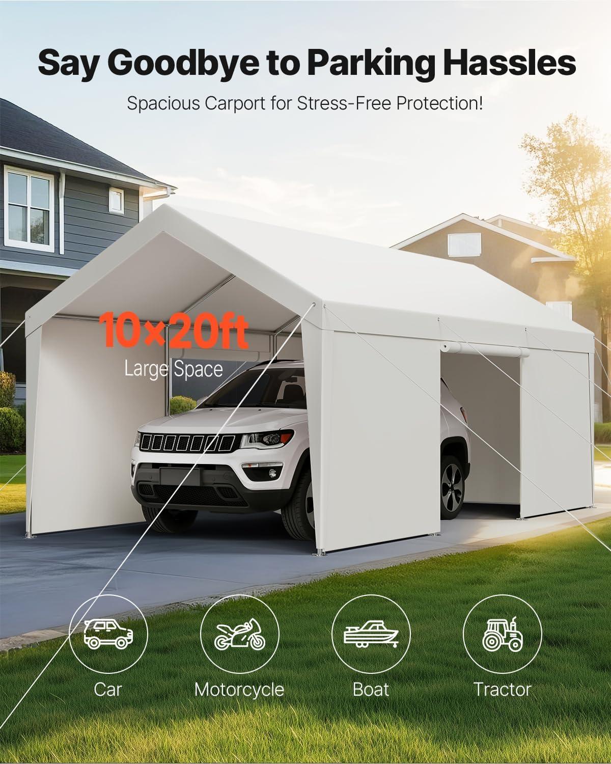 imageVEVOR Upgraded 10x20 FT Heavy Duty Carport Canopy with Rollup Windows AllSeason Portable Garage with Removable Sidewalls ampamp Doors 12 Stakes ampamp 12 Ropes Car Tent for Car Truck Boat EquipmentPE Carport with Sidewall  White