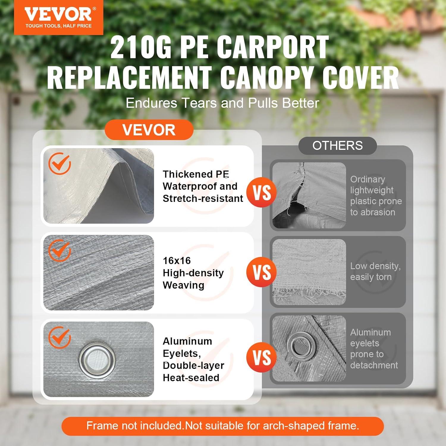 imageVEVOR Upgraded 10x20 FT Heavy Duty Carport Canopy with Rollup Windows AllSeason Portable Garage with Removable Sidewalls ampamp Doors 12 Stakes ampamp 12 Ropes Car Tent for Car Truck Boat EquipmentTop Cover  Gray
