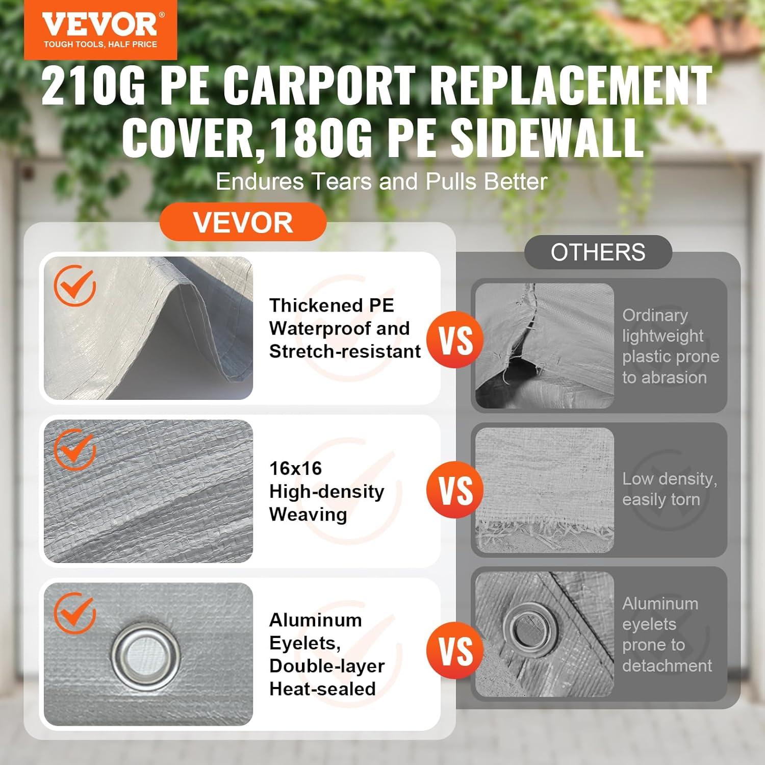 imageVEVOR Upgraded 10x20 FT Heavy Duty Carport Canopy with Rollup Windows AllSeason Portable Garage with Removable Sidewalls ampamp Doors 12 Stakes ampamp 12 Ropes Car Tent for Car Truck Boat EquipmentTop Cover Sidewall  Gray