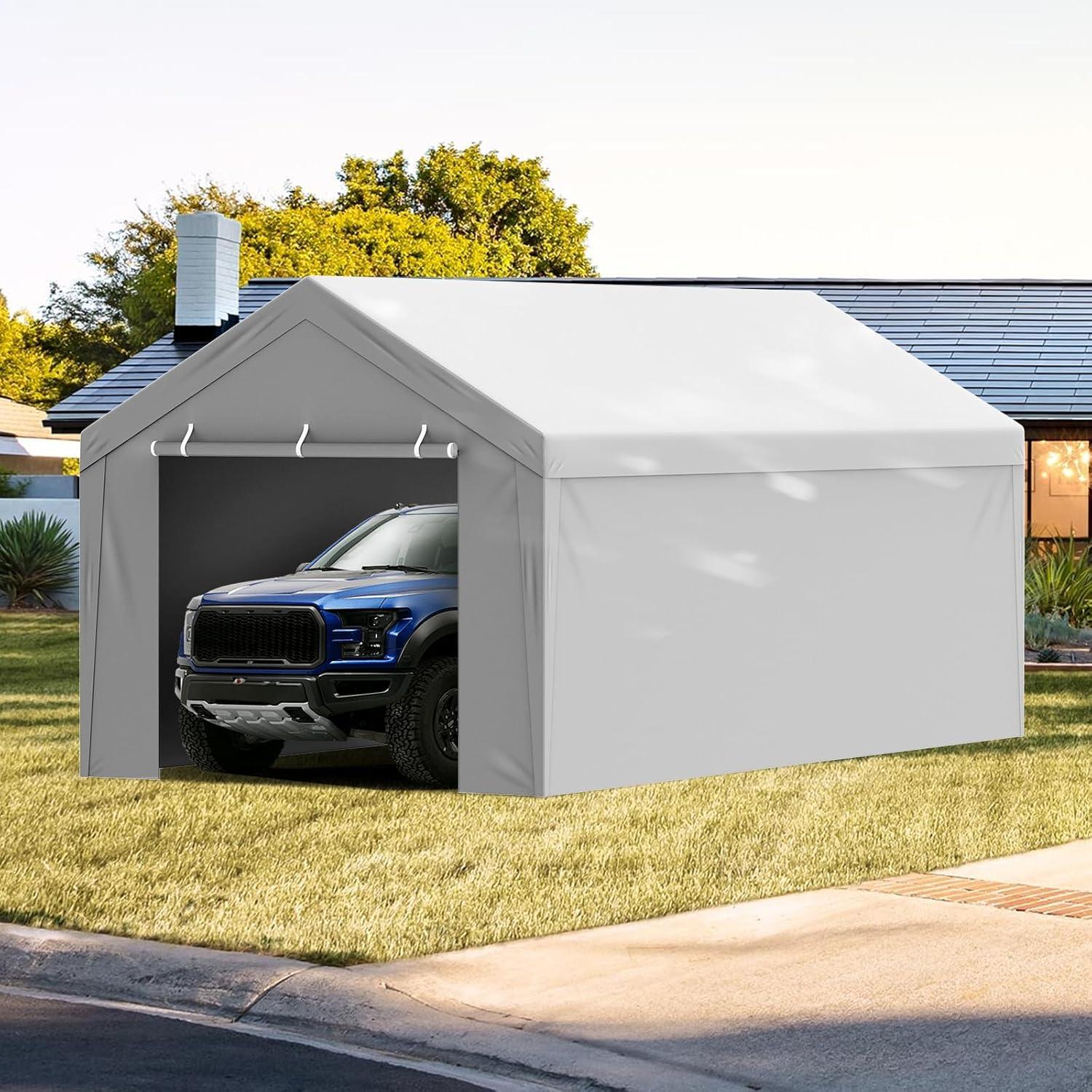 imageVEVOR Upgraded 10x20 FT Heavy Duty Carport Canopy with Rollup Windows AllSeason Portable Garage with Removable Sidewalls ampamp Doors 12 Stakes ampamp 12 Ropes Car Tent for Car Truck Boat EquipmentTop Cover Sidewall  Gray