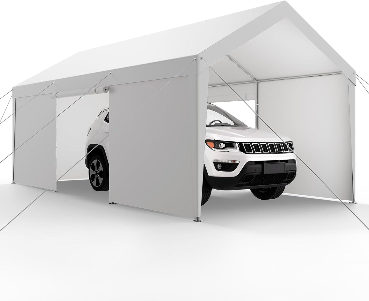 imageVEVOR Upgraded 10x20 FT Heavy Duty Carport Canopy with Rollup Windows AllSeason Portable Garage with Removable Sidewalls ampamp Doors 12 Stakes ampamp 12 Ropes Car Tent for Car Truck Boat EquipmentPE Carport with Sidewall  White