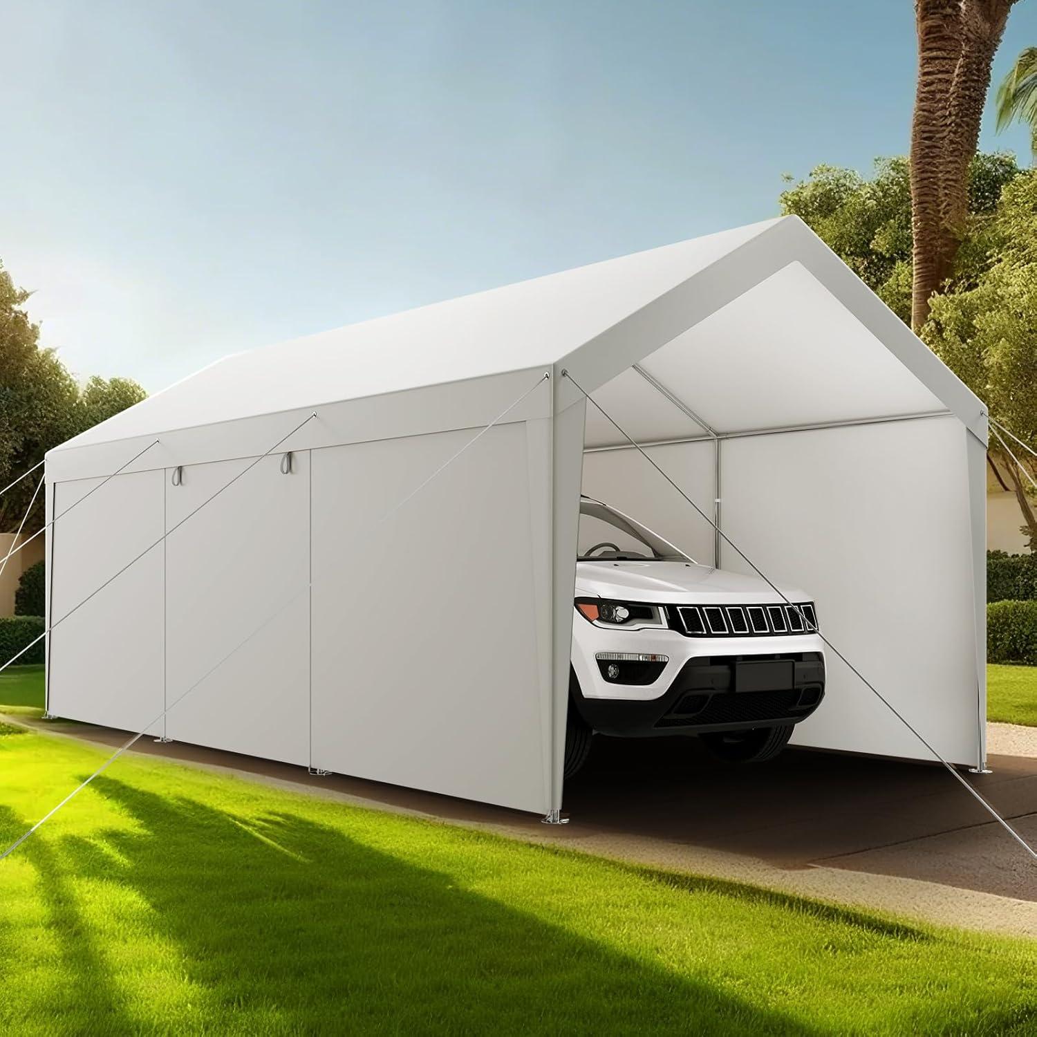 imageVEVOR Upgraded 10x20 FT Heavy Duty Carport Canopy with Rollup Windows AllSeason Portable Garage with Removable Sidewalls ampamp Doors 12 Stakes ampamp 12 Ropes Car Tent for Car Truck Boat EquipmentPE Carport with Sidewall  White