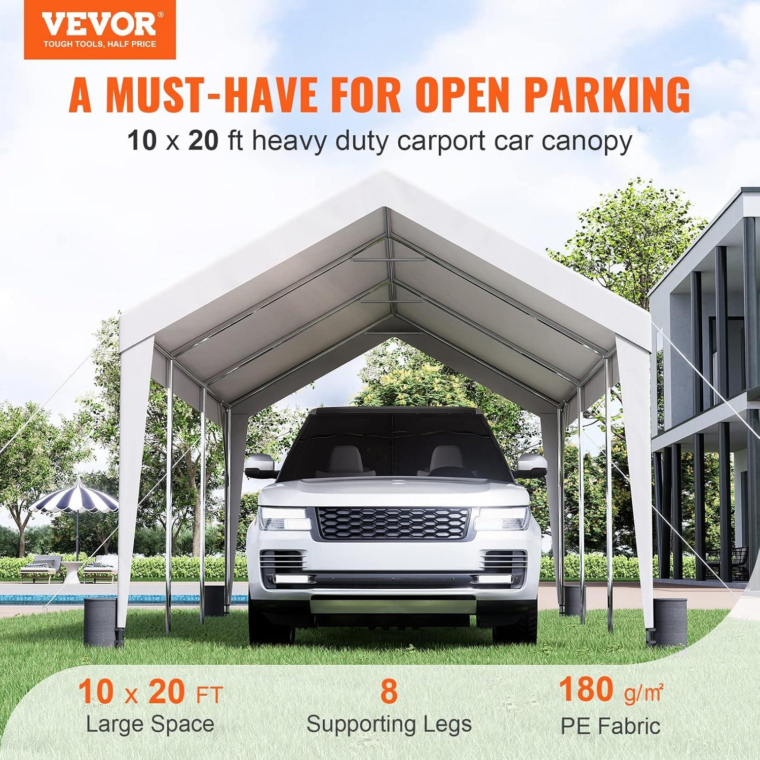 imageVEVOR Upgraded 10x20 FT Heavy Duty Carport Canopy with Rollup Windows AllSeason Portable Garage with Removable Sidewalls ampamp Doors 12 Stakes ampamp 12 Ropes Car Tent for Car Truck Boat EquipmentCarport  White