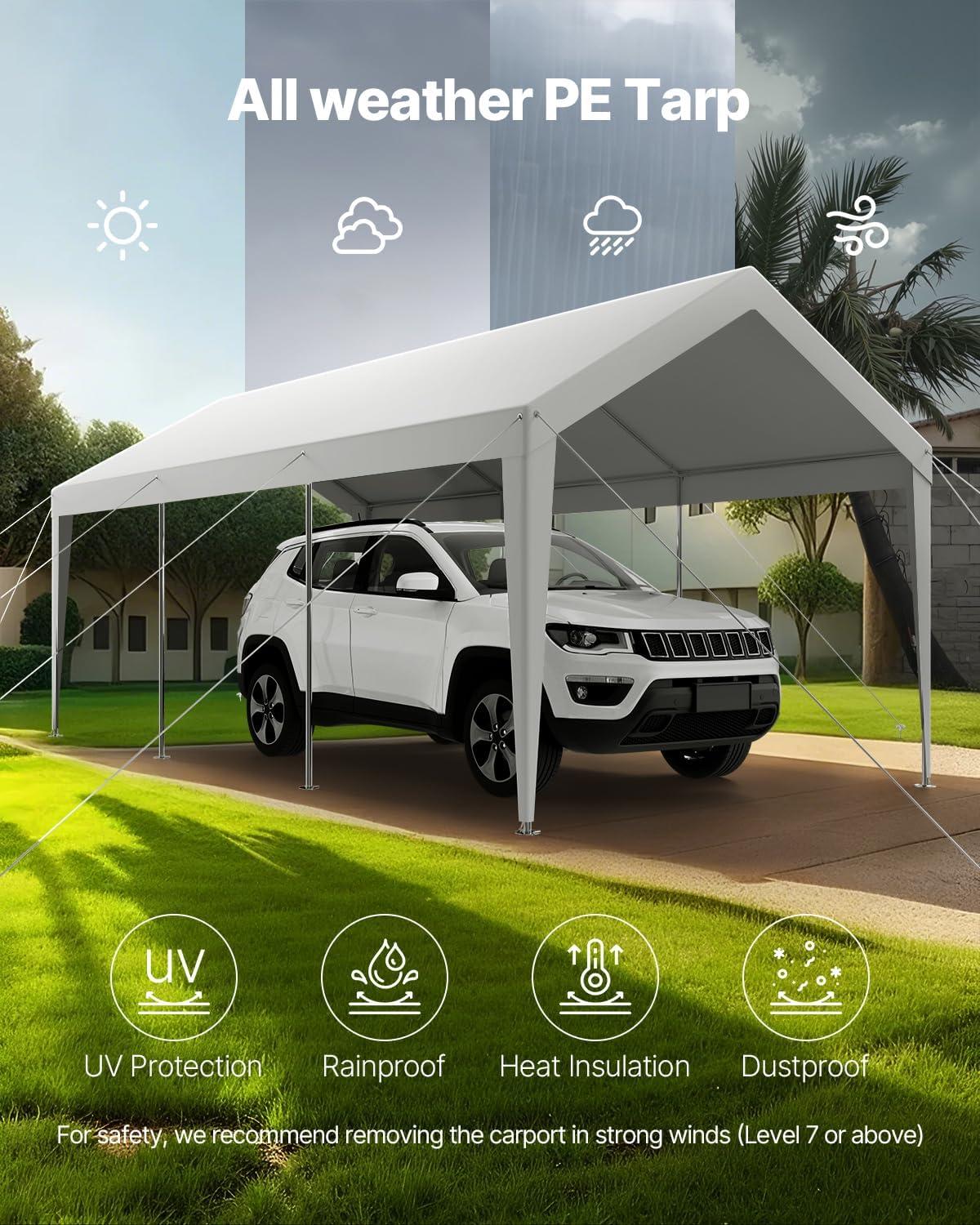 imageVEVOR Upgraded 10x20 FT Heavy Duty Carport Canopy with Rollup Windows AllSeason Portable Garage with Removable Sidewalls ampamp Doors 12 Stakes ampamp 12 Ropes Car Tent for Car Truck Boat EquipmentPE Carport  White