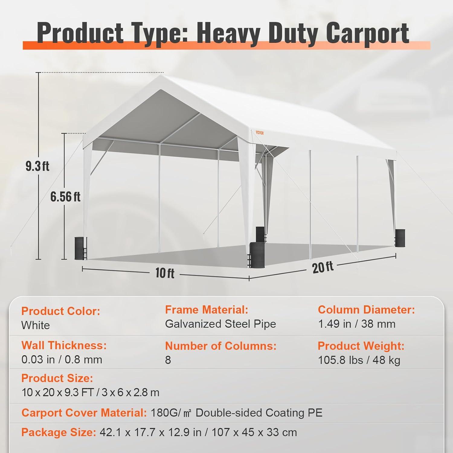 imageVEVOR Upgraded 10x20 FT Heavy Duty Carport Canopy with Rollup Windows AllSeason Portable Garage with Removable Sidewalls ampamp Doors 12 Stakes ampamp 12 Ropes Car Tent for Car Truck Boat EquipmentCarport  White