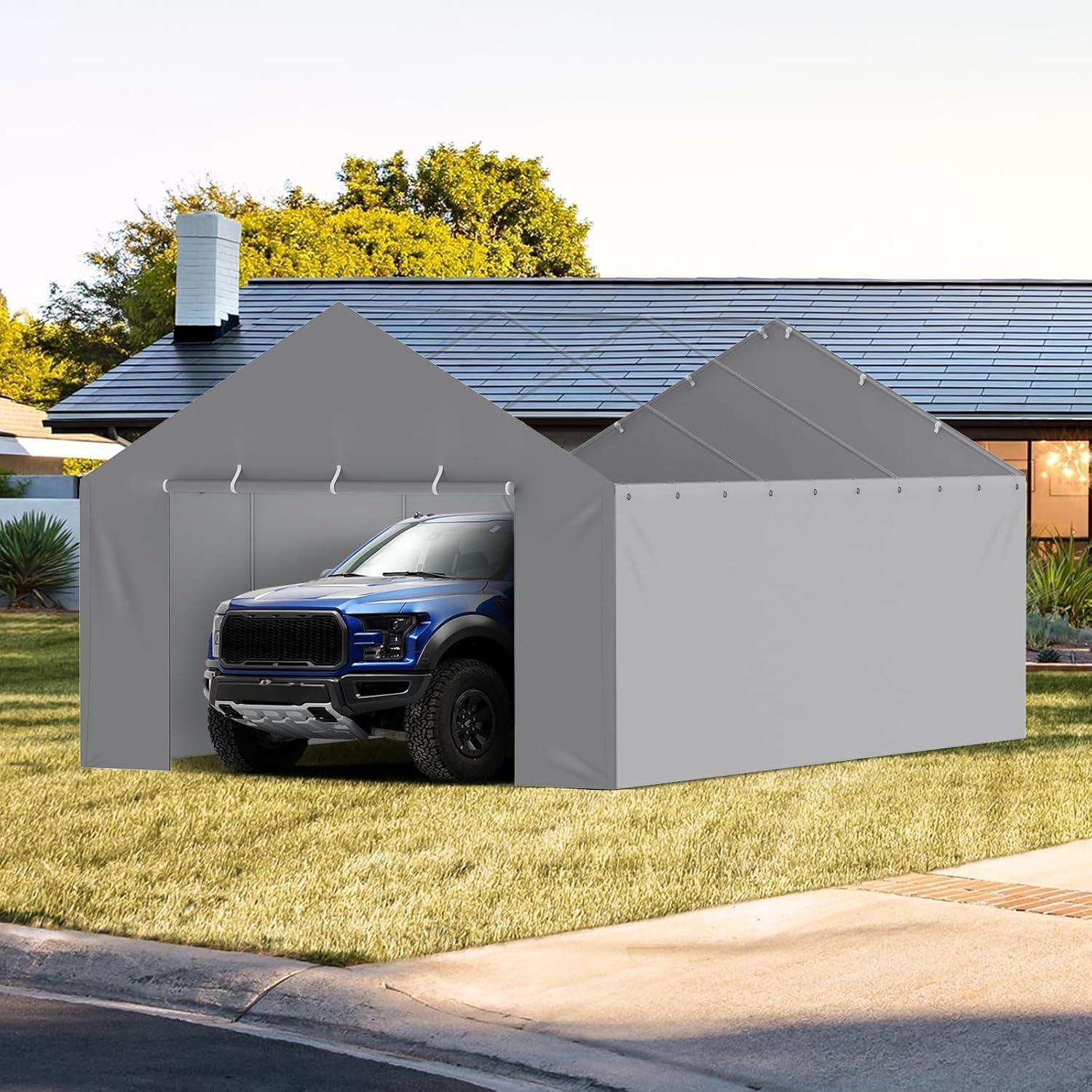 imageVEVOR Upgraded 10x20 FT Heavy Duty Carport Canopy with Rollup Windows AllSeason Portable Garage with Removable Sidewalls ampamp Doors 12 Stakes ampamp 12 Ropes Car Tent for Car Truck Boat EquipmentSidewall  Gray