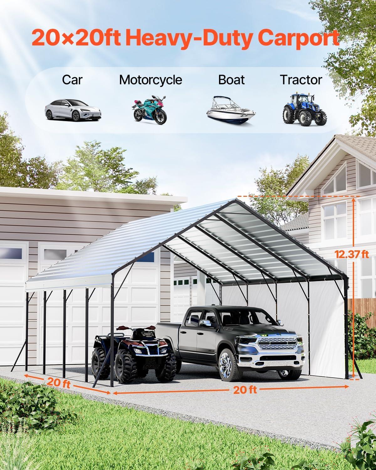 imageVEVOR Upgraded 10x20 FT Heavy Duty Carport Canopy with Rollup Windows AllSeason Portable Garage with Removable Sidewalls ampamp Doors 12 Stakes ampamp 12 Ropes Car Tent for Car Truck Boat EquipmentMetal Carport  White