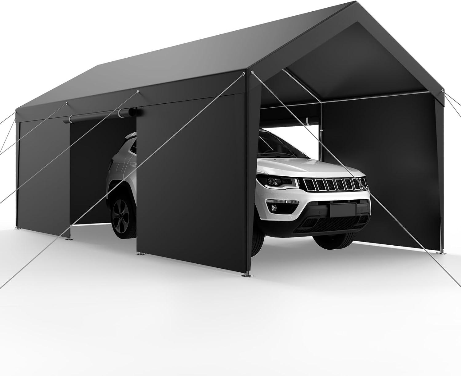 imageVEVOR Upgraded 10x20 FT Heavy Duty Carport Canopy with Rollup Windows AllSeason Portable Garage with Removable Sidewalls ampamp Doors 12 Stakes ampamp 12 Ropes Car Tent for Car Truck Boat EquipmentPE Carport with Sidewall  Gray