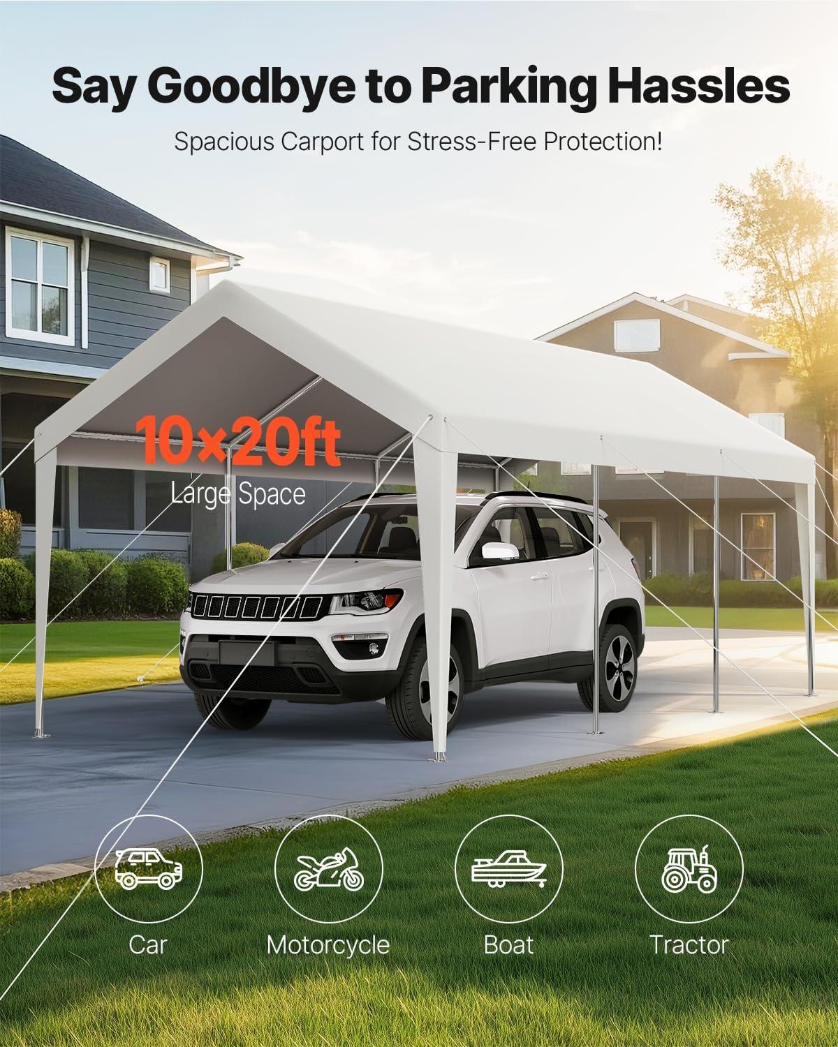 imageVEVOR Upgraded 10x20 FT Heavy Duty Carport Canopy with Rollup Windows AllSeason Portable Garage with Removable Sidewalls ampamp Doors 12 Stakes ampamp 12 Ropes Car Tent for Car Truck Boat EquipmentPE Carport  White