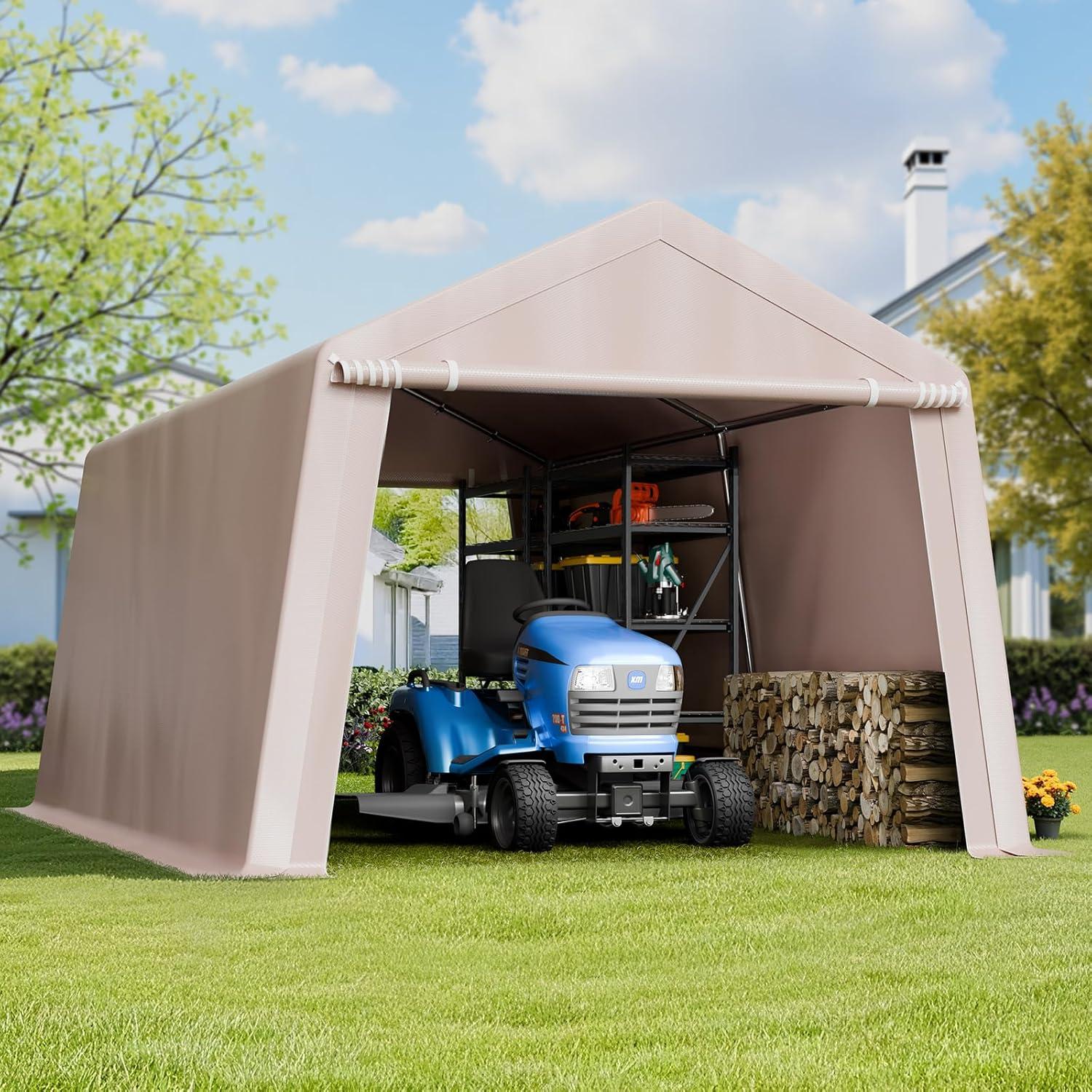 imageVEVOR Upgraded 10x20 FT Heavy Duty Carport Canopy with Rollup Windows AllSeason Portable Garage with Removable Sidewalls ampamp Doors 12 Stakes ampamp 12 Ropes Car Tent for Car Truck Boat EquipmentPE Carport with Sidewall  Beige